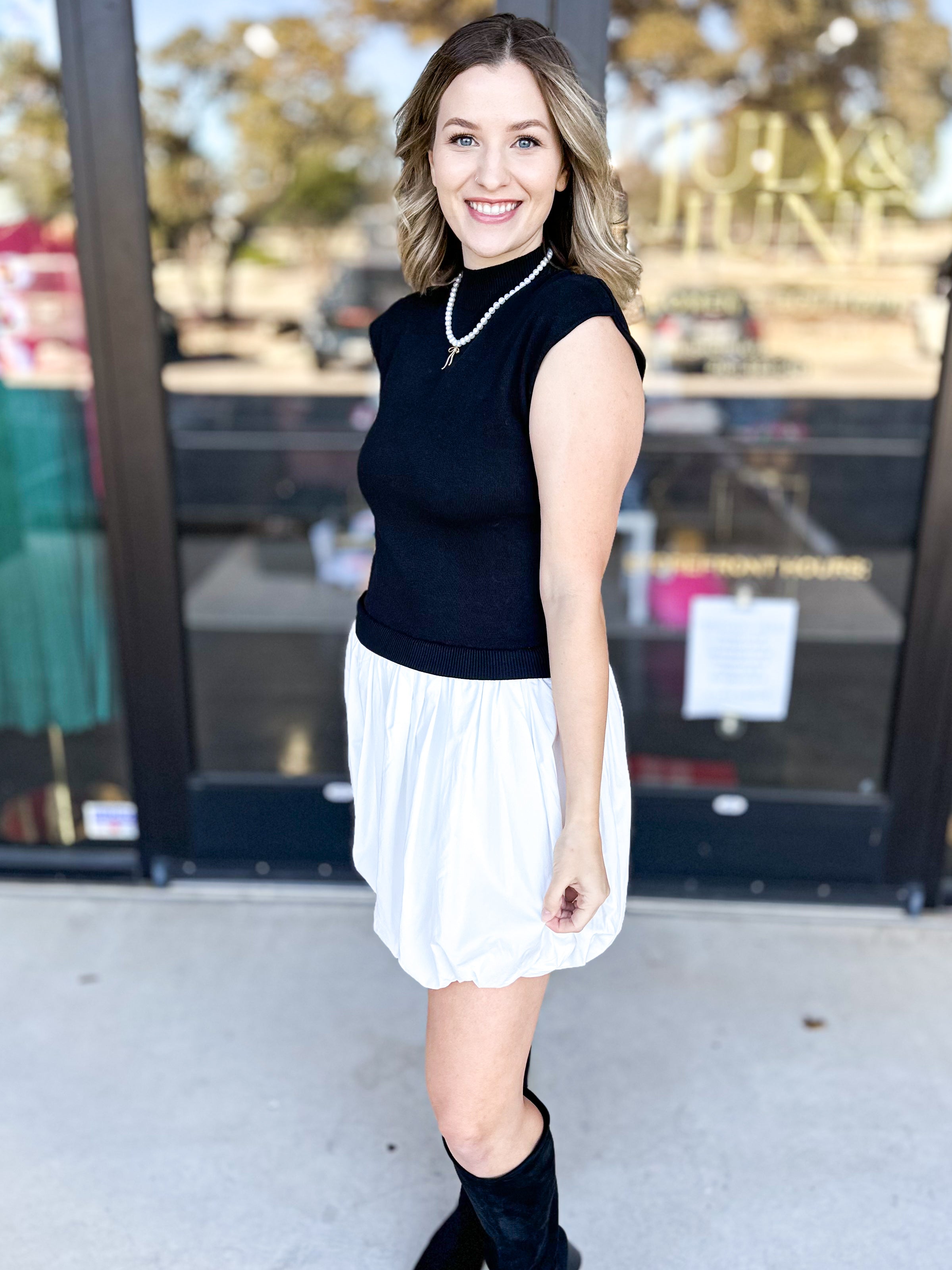 Mock Neck Bubble Mini Hem Mini Dress-510 Mini-ABLE-July & June Women's Fashion Boutique Located in San Antonio, Texas
