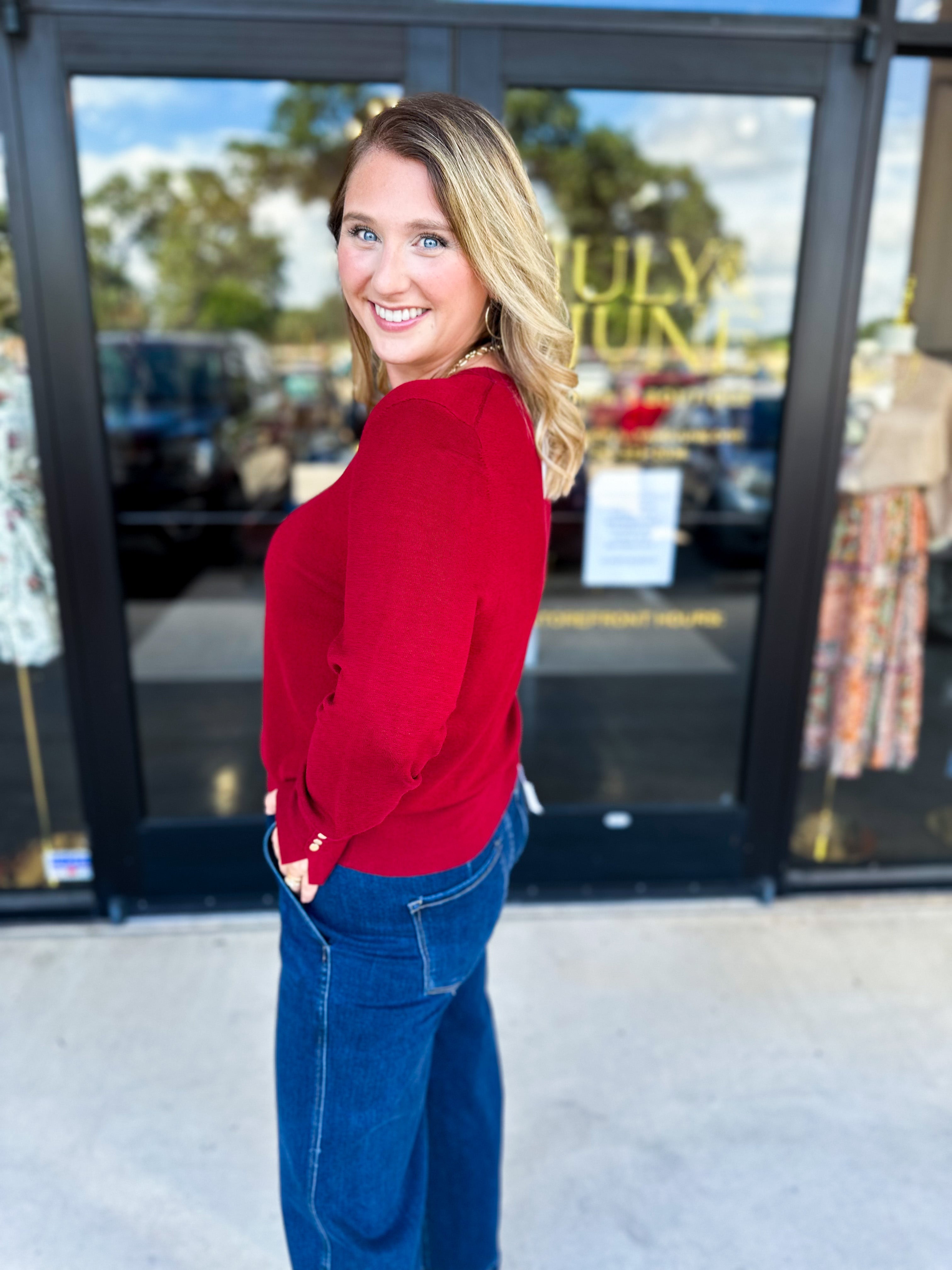 Long Sleeve Sweater Top - Crimson-230 Sweaters/Cardis-ENTRO-July & June Women's Fashion Boutique Located in San Antonio, Texas
