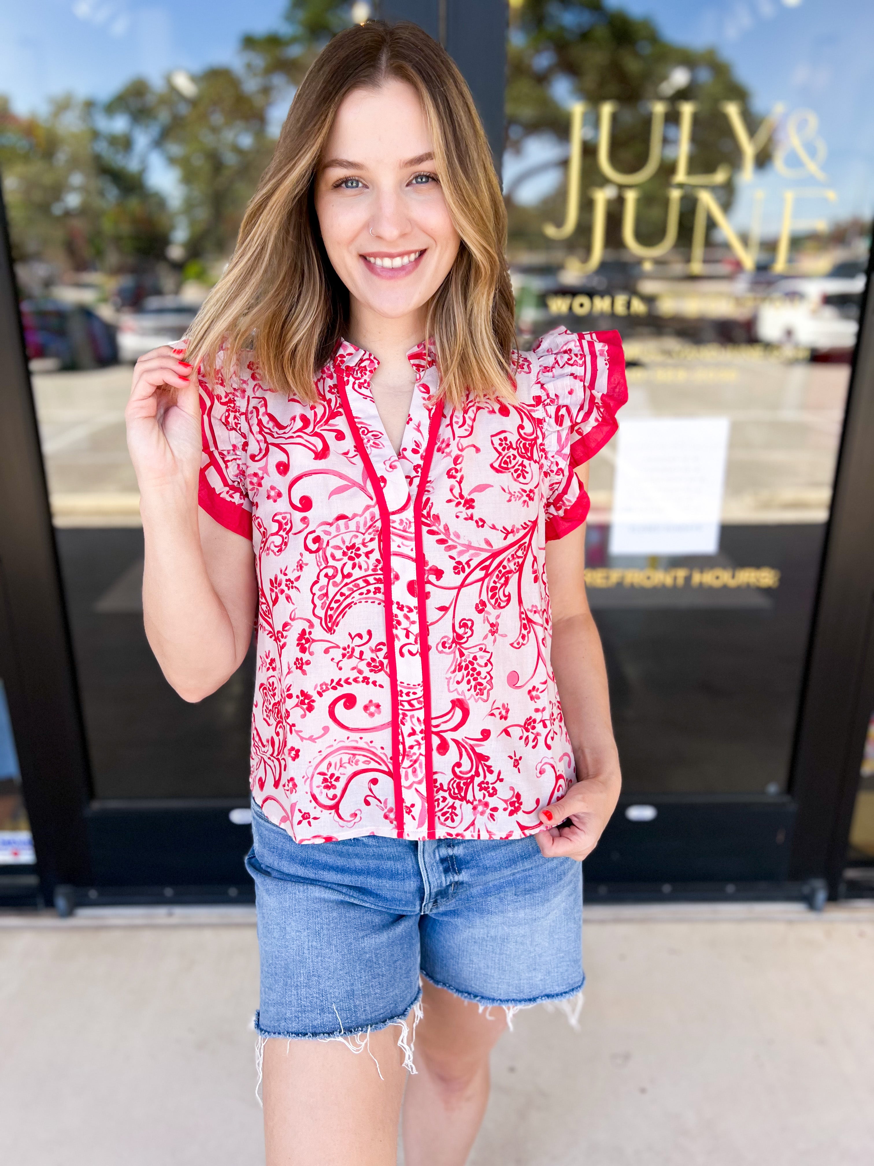 Red & Pink Paisley Blouse-200 Fashion Blouses-PINCH-July & June Women's Fashion Boutique Located in San Antonio, Texas