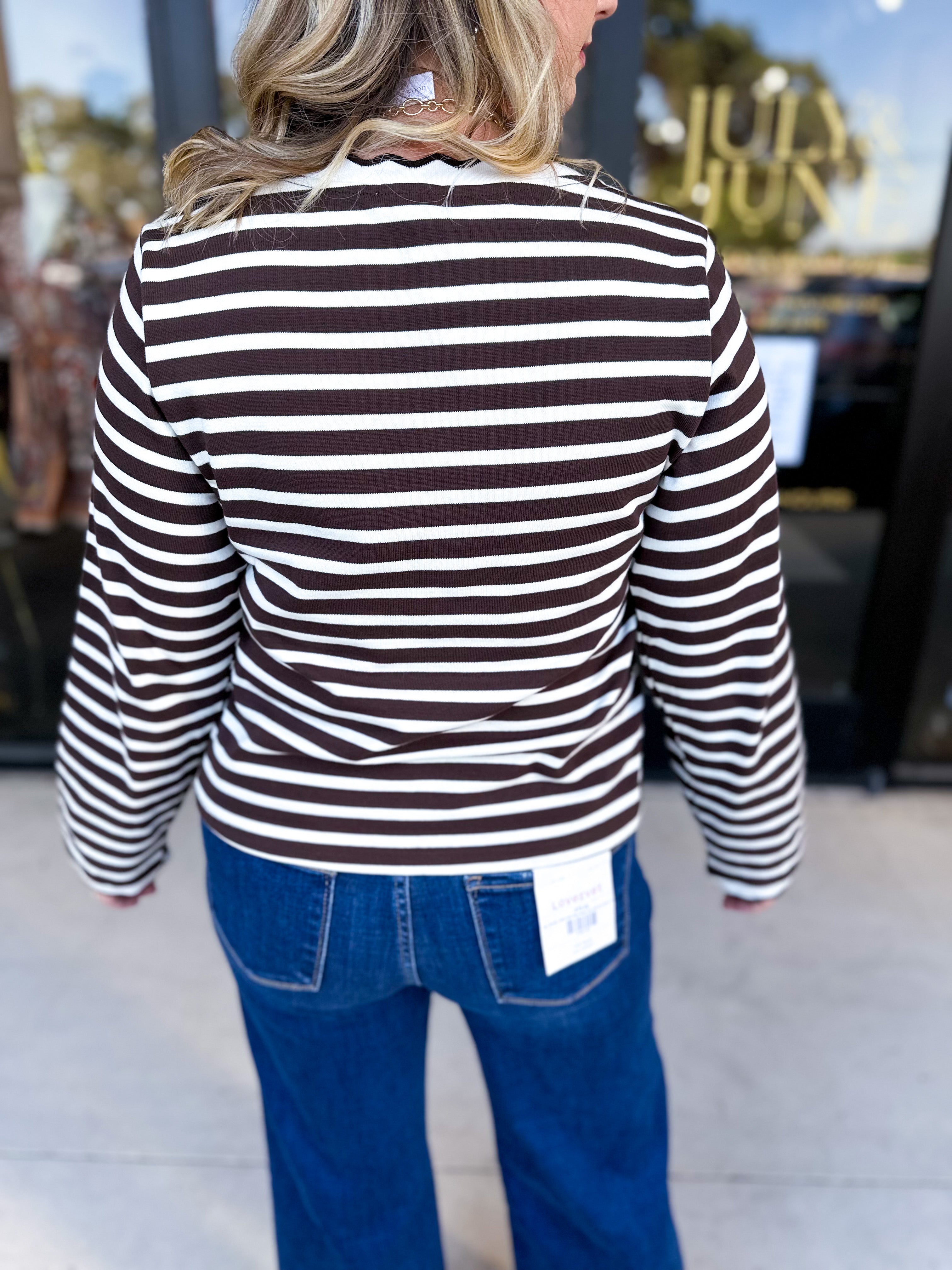Chocolate Stripe Long Sleeve Top-210 Casual Blouses-POLOGRAM-July & June Women's Fashion Boutique Located in San Antonio, Texas
