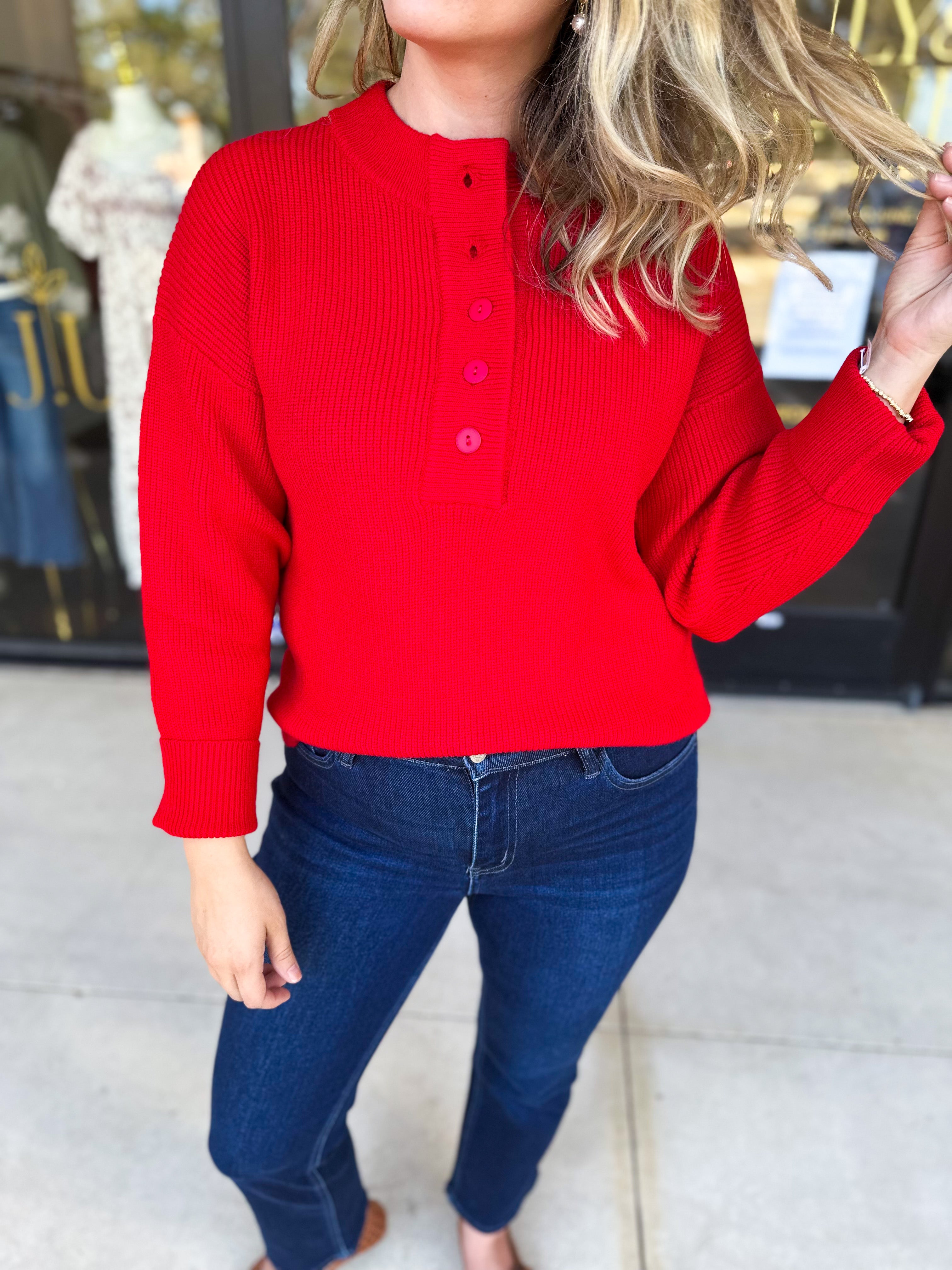 The Everyday Henley Sweater - Red-230 Sweaters/Cardis-JODIFL-July & June Women's Fashion Boutique Located in San Antonio, Texas