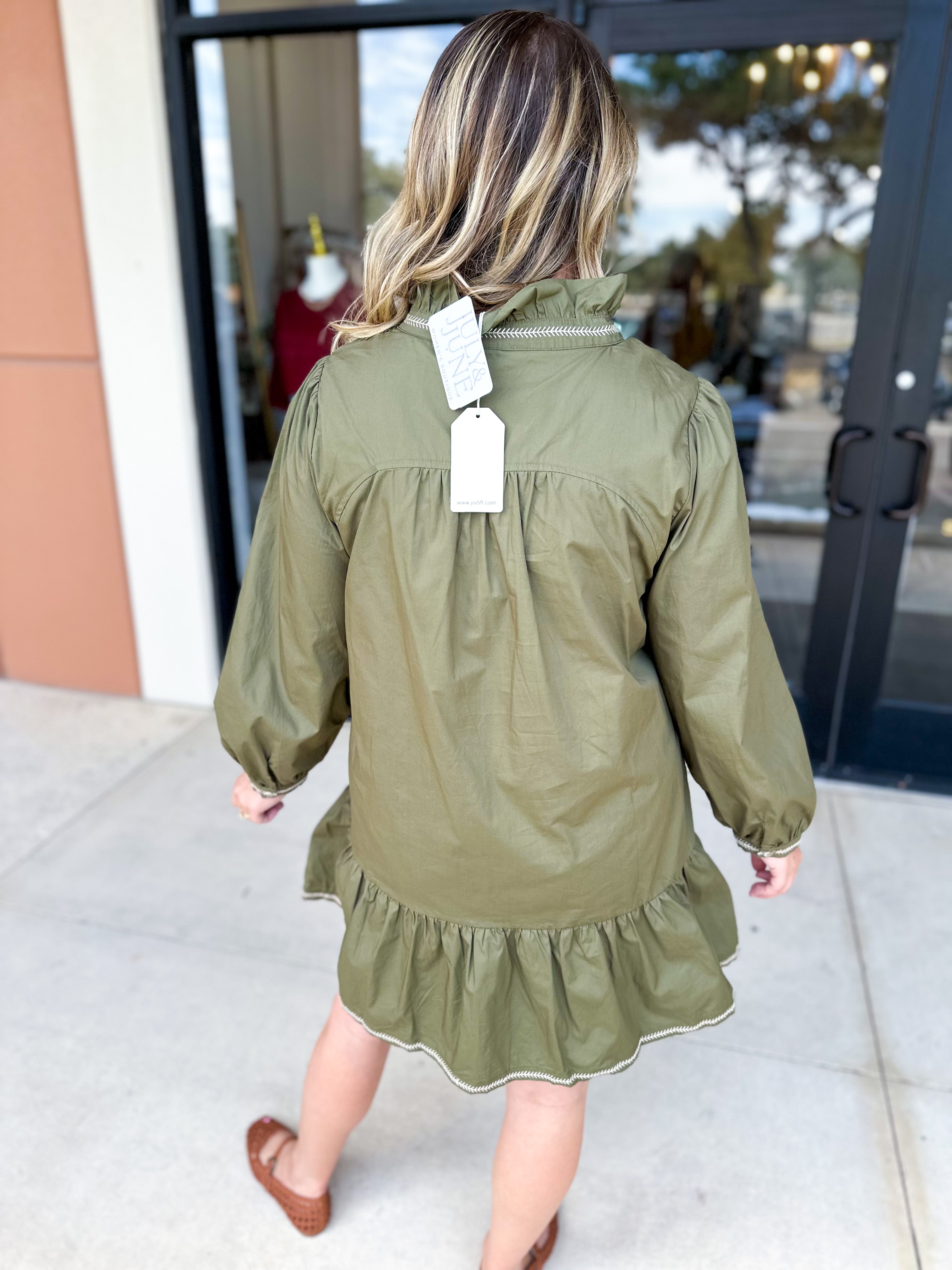 Olive Stitch Mini Dress-510 Mini-JODIFL-July & June Women's Fashion Boutique Located in San Antonio, Texas
