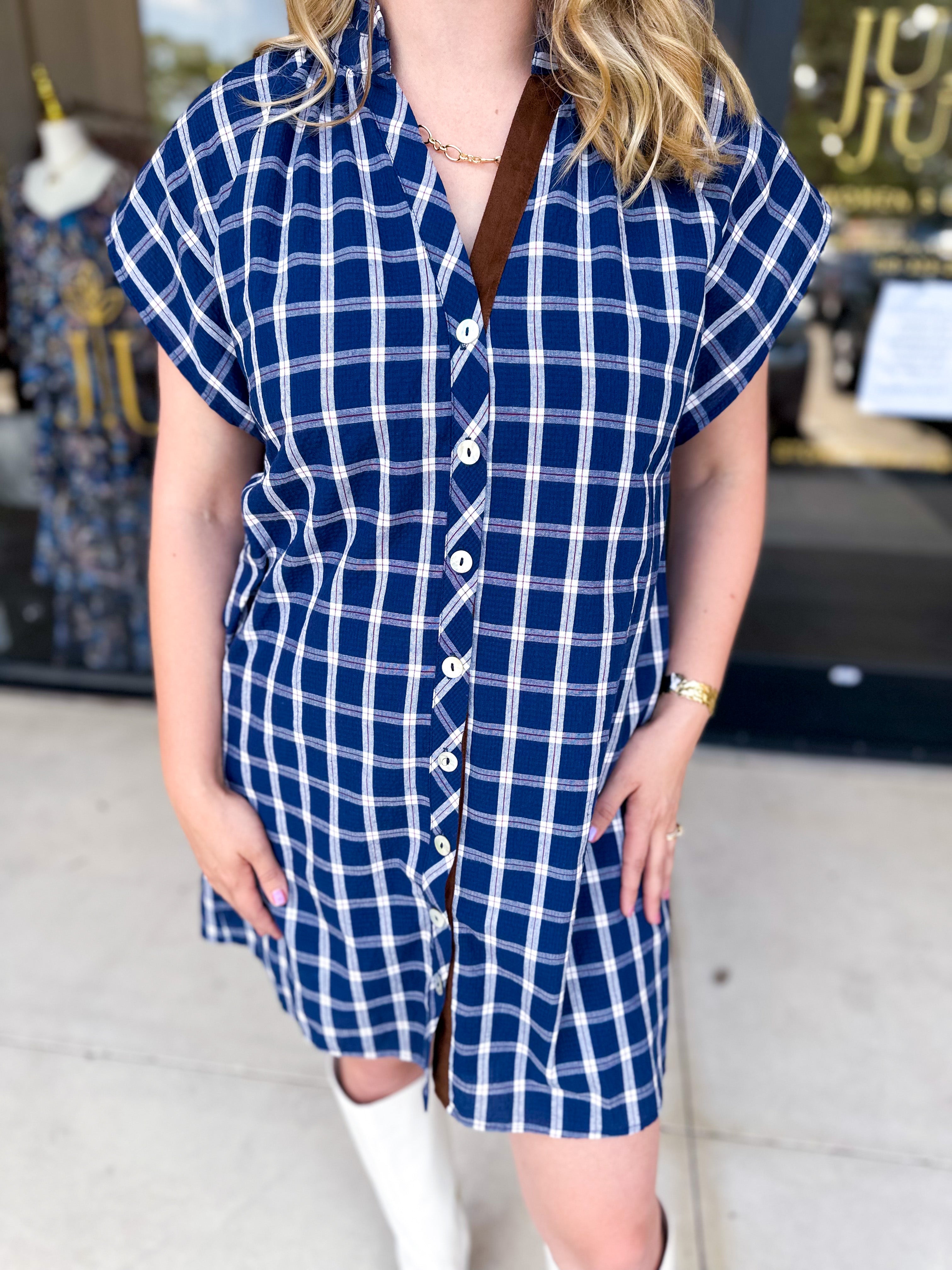 THML - Navy Plaid Mini Dress-510 Mini-THML-July & June Women's Fashion Boutique Located in San Antonio, Texas