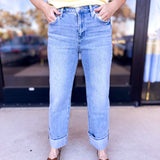 Vervet - Cuffed High Rise Slim Wide Leg Jeans-400 Pants-VEVERT BY FLYING MONKEY-July & June Women's Fashion Boutique Located in San Antonio, Texas