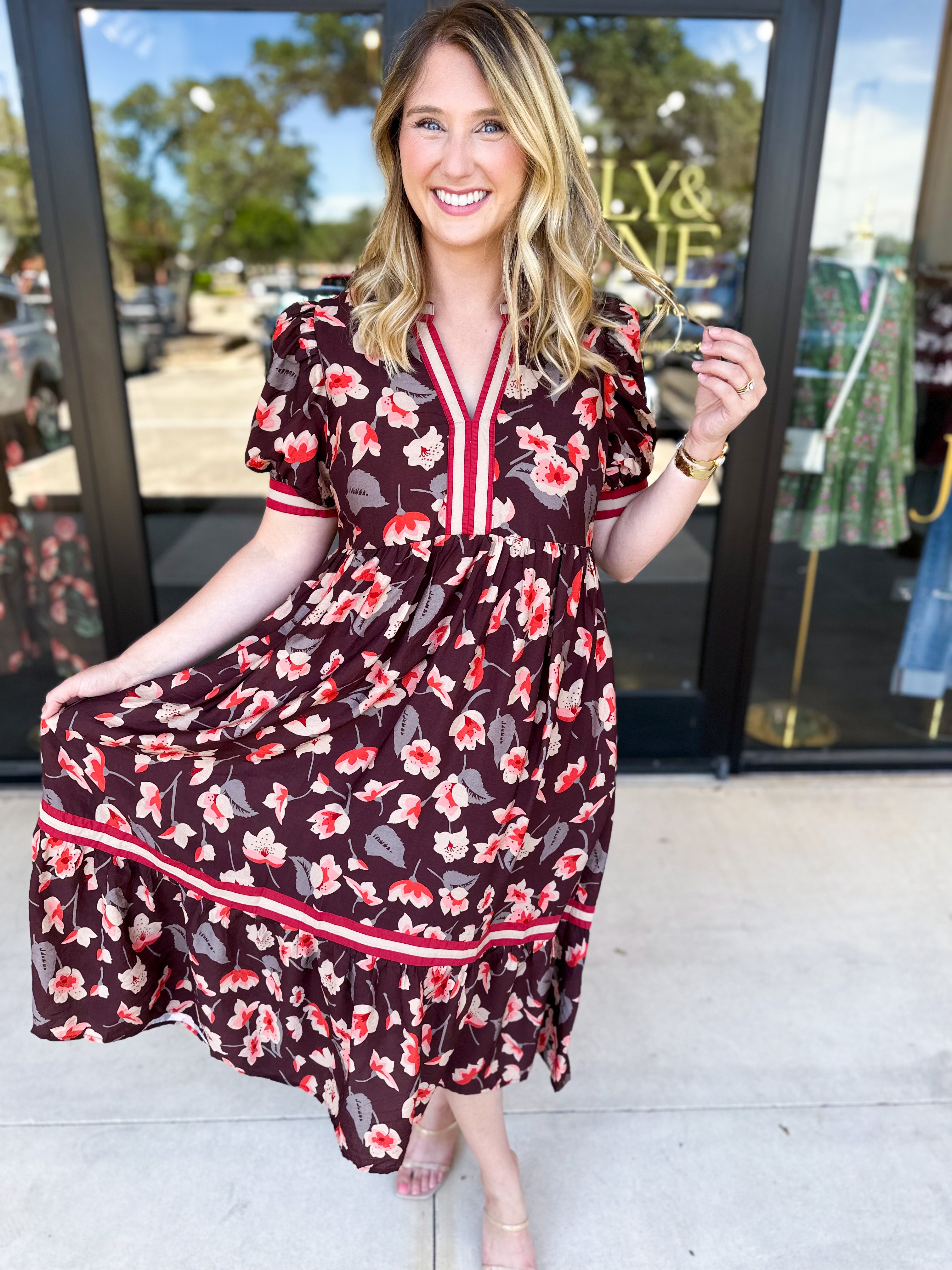 Chocolate Brown Floral Midi Dress-500 Midi-ENTRO-July & June Women's Fashion Boutique Located in San Antonio, Texas