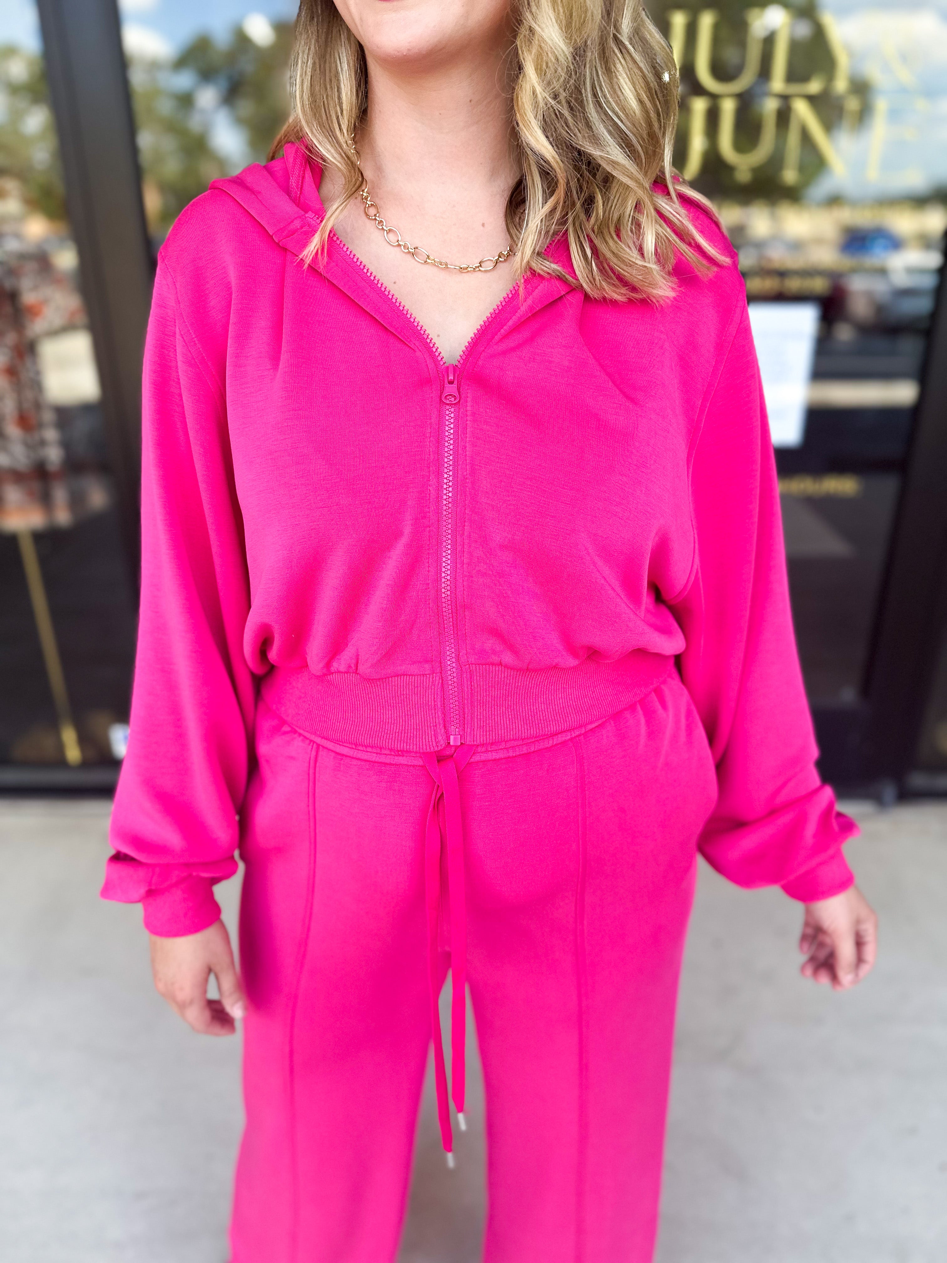 Soft Modal Hooded Jacket - Fuchsia Pink-300 Athleisure/Lounge-SKIES ARE BLUE-July & June Women's Fashion Boutique Located in San Antonio, Texas