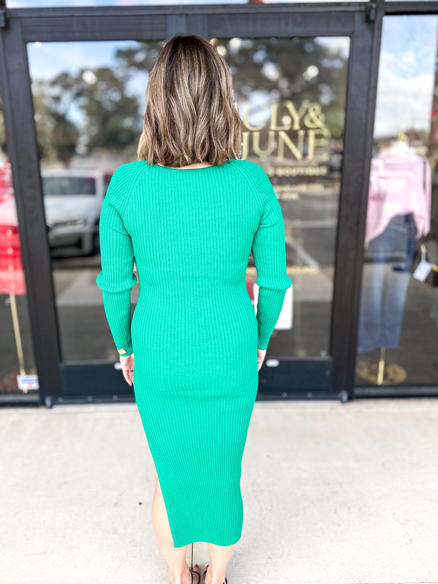 Ribbed Midi Dress -Green-PINK FRIDAY DOORBUSTER- ONLINE-PINK FRIDAY DOORBUSTERS-SKIES ARE BLUE-July & June Women's Fashion Boutique Located in San Antonio, Texas