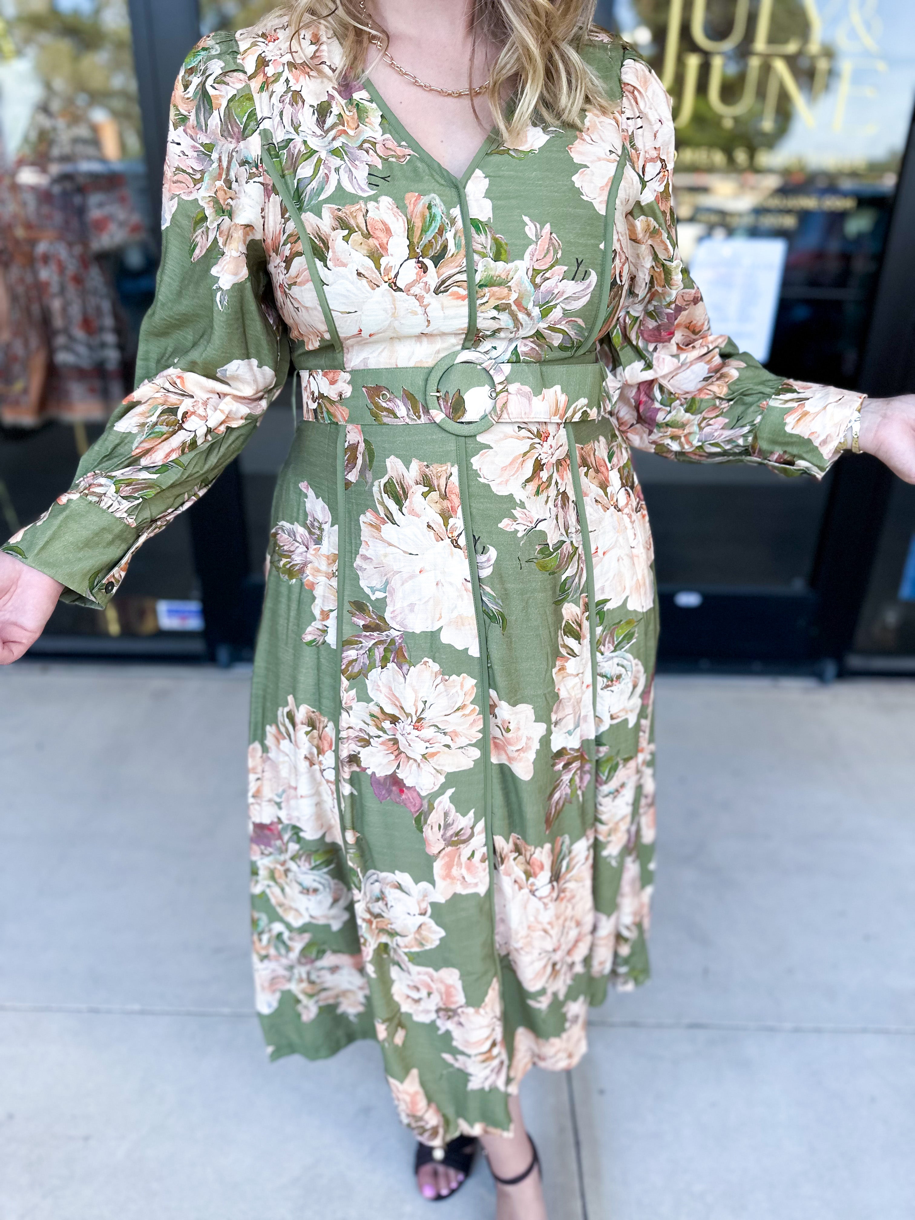 Fall Meadows Midi Dress - Olive-500 Midi-ENTRO-July & June Women's Fashion Boutique Located in San Antonio, Texas