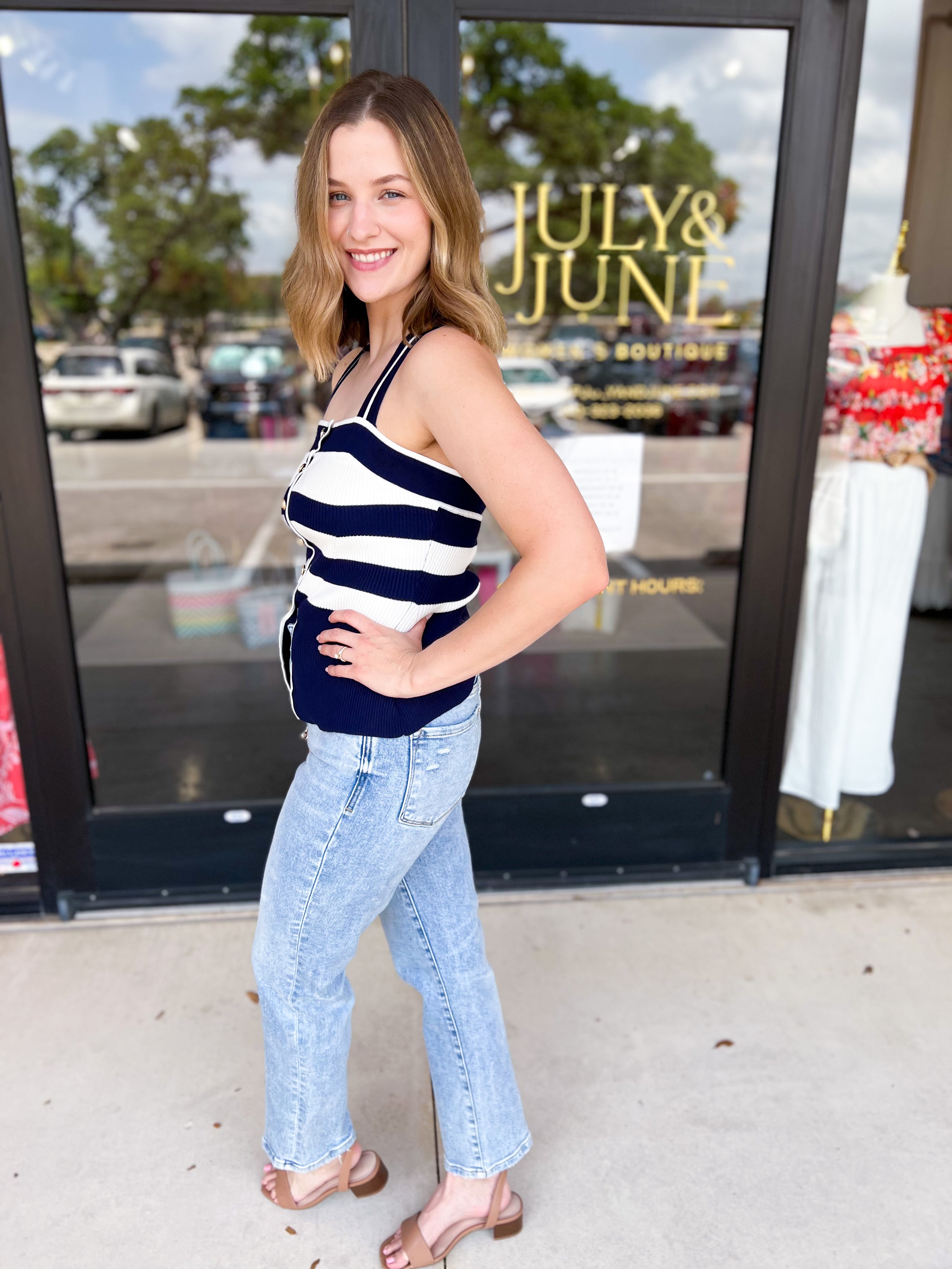 Navy & Ivory Knit Vest-200 Fashion Blouses-FLYING TOMATO-July & June Women's Fashion Boutique Located in San Antonio, Texas
