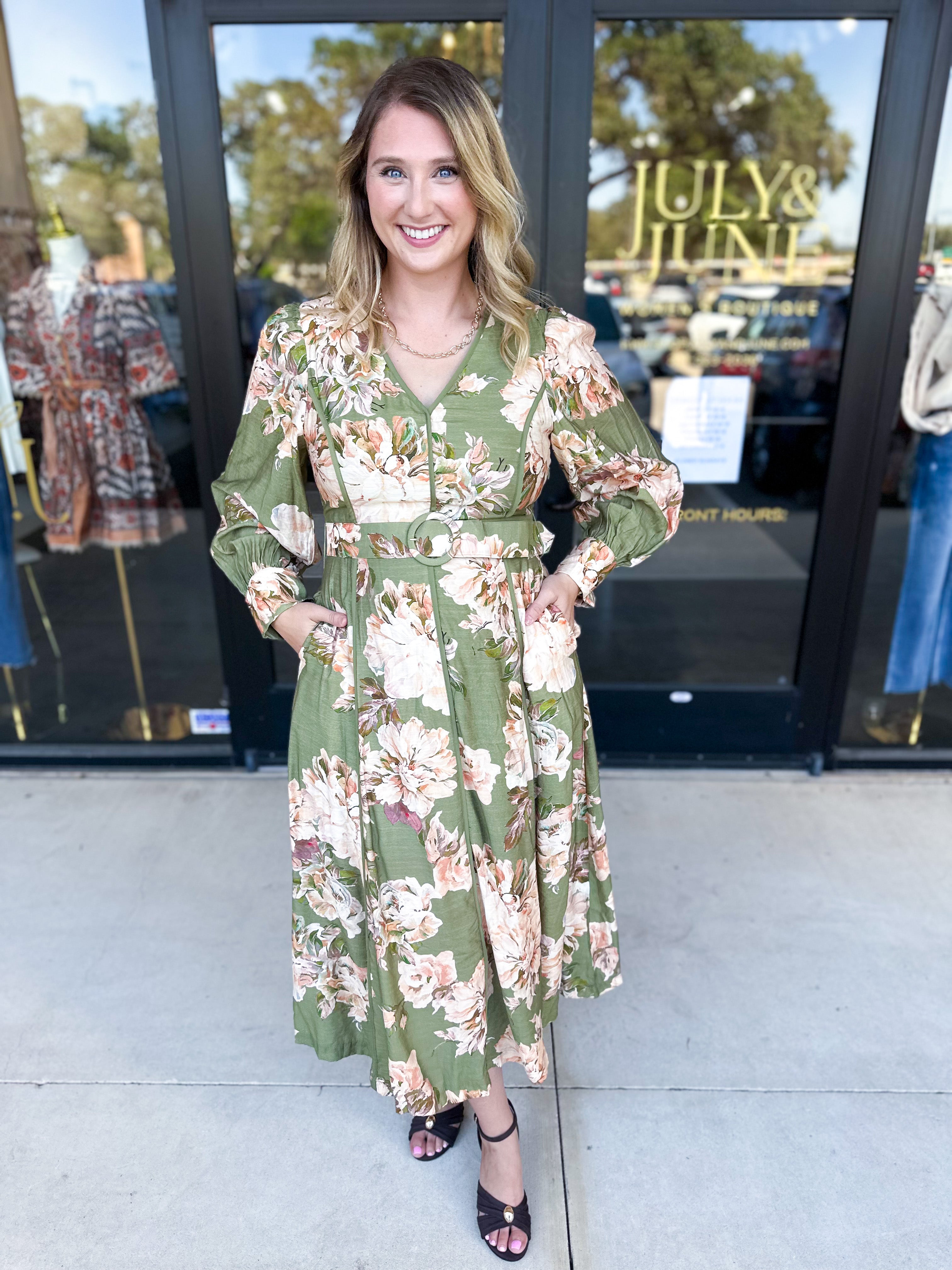 Fall Meadows Midi Dress - Olive-500 Midi-ENTRO-July & June Women's Fashion Boutique Located in San Antonio, Texas