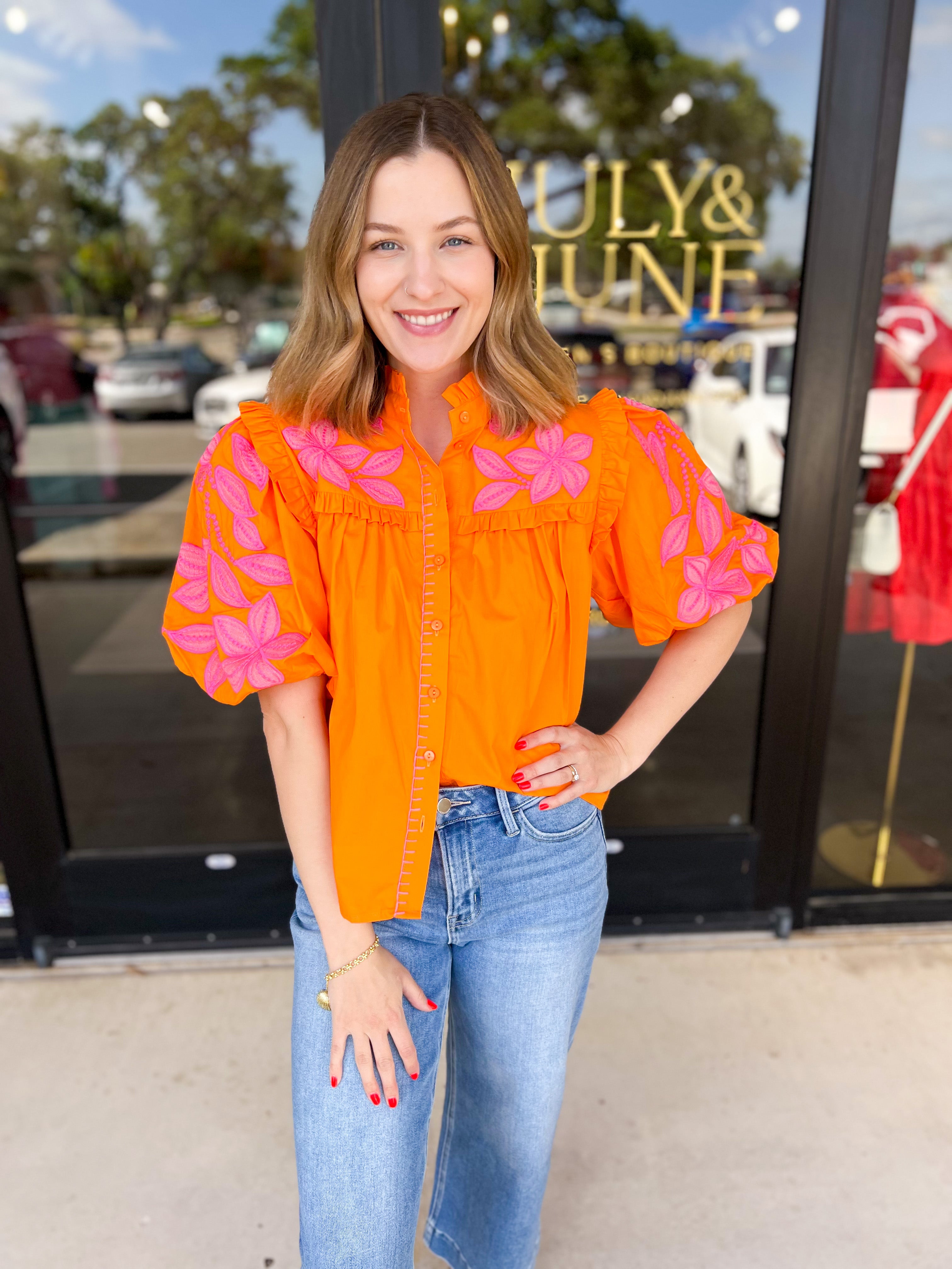 THML - Bold Citrus Embroidered Blouse-200 Fashion Blouses-THML-July & June Women's Fashion Boutique Located in San Antonio, Texas