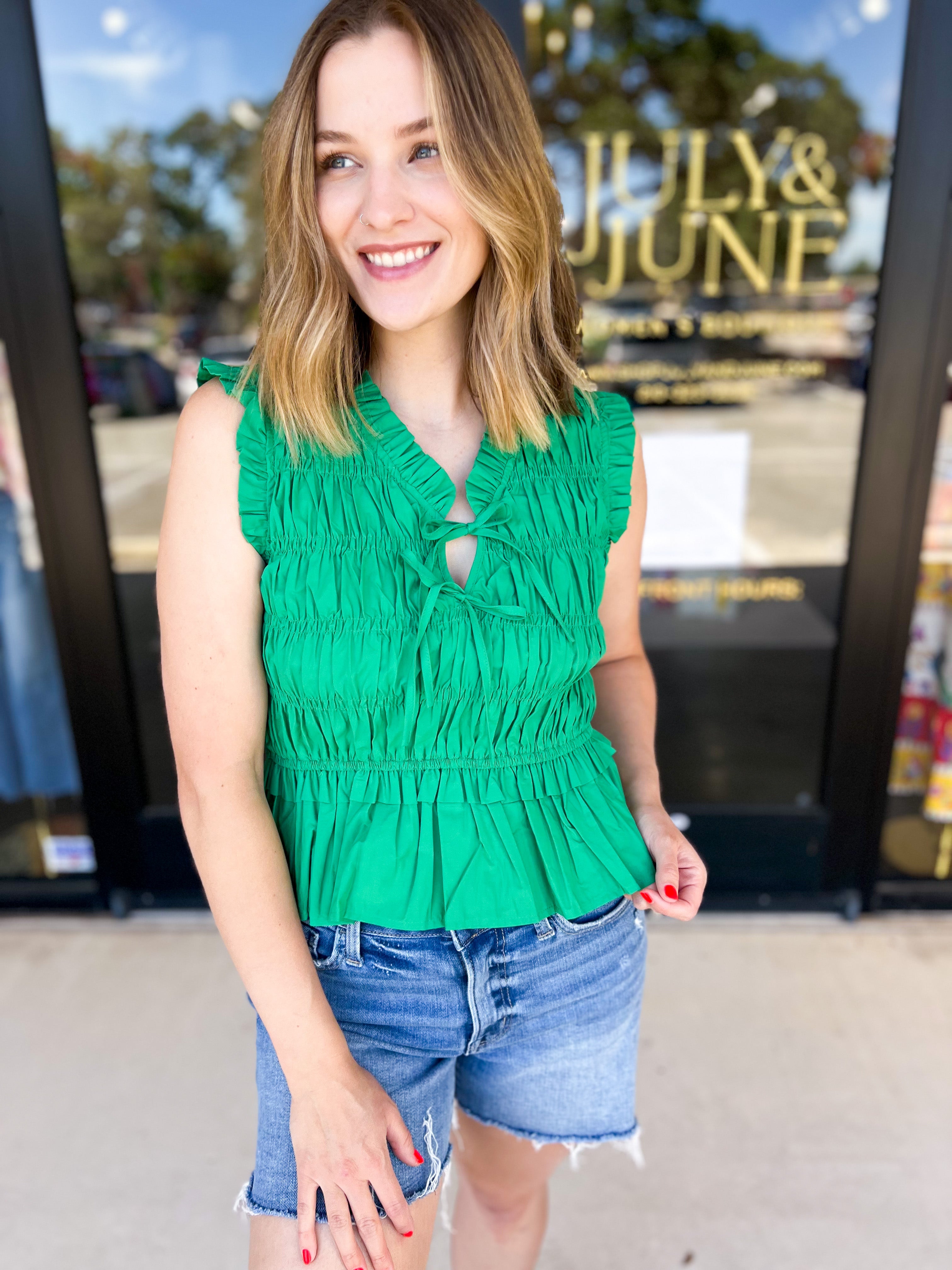 Kelly Green Tied Up Blouse-200 Fashion Blouses-PINCH-July & June Women's Fashion Boutique Located in San Antonio, Texas