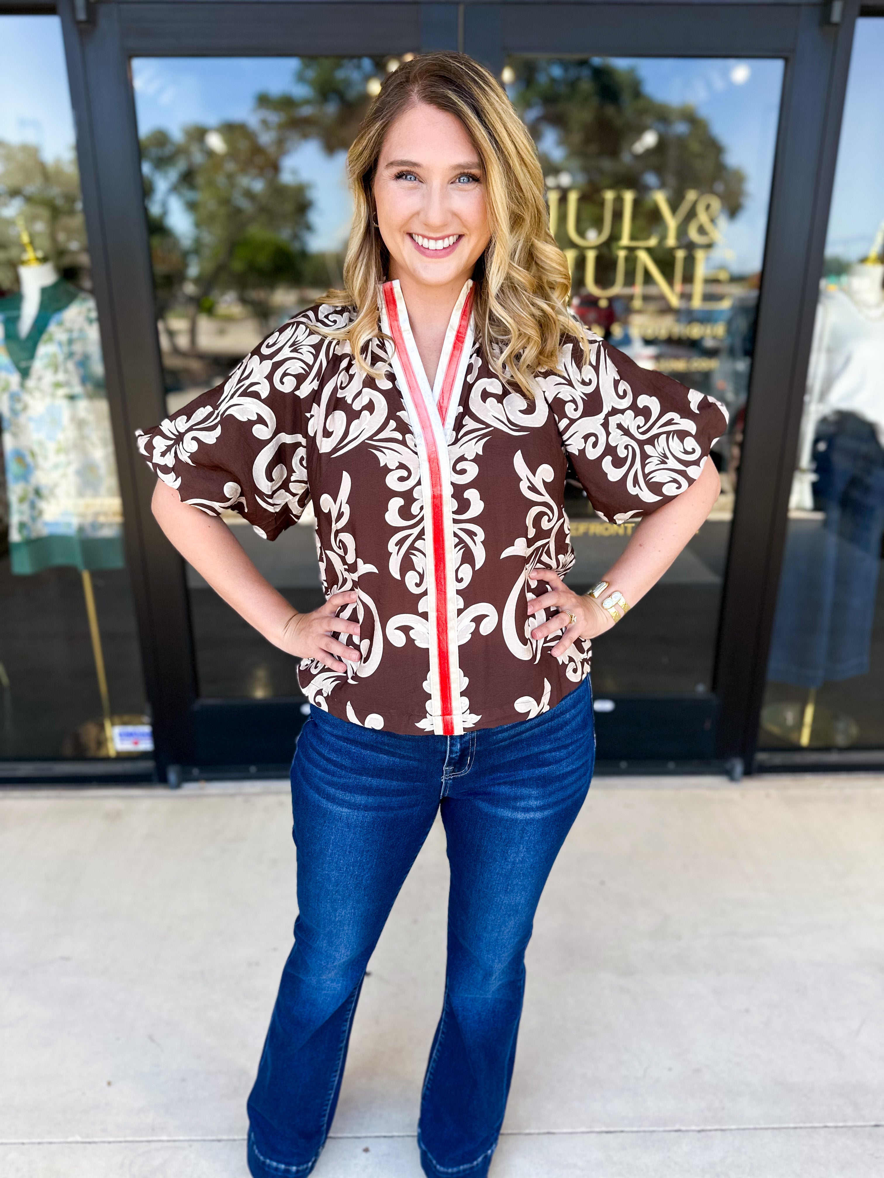 THML - Mocha Scroll Blouse-200 Fashion Blouses-THML-July & June Women's Fashion Boutique Located in San Antonio, Texas