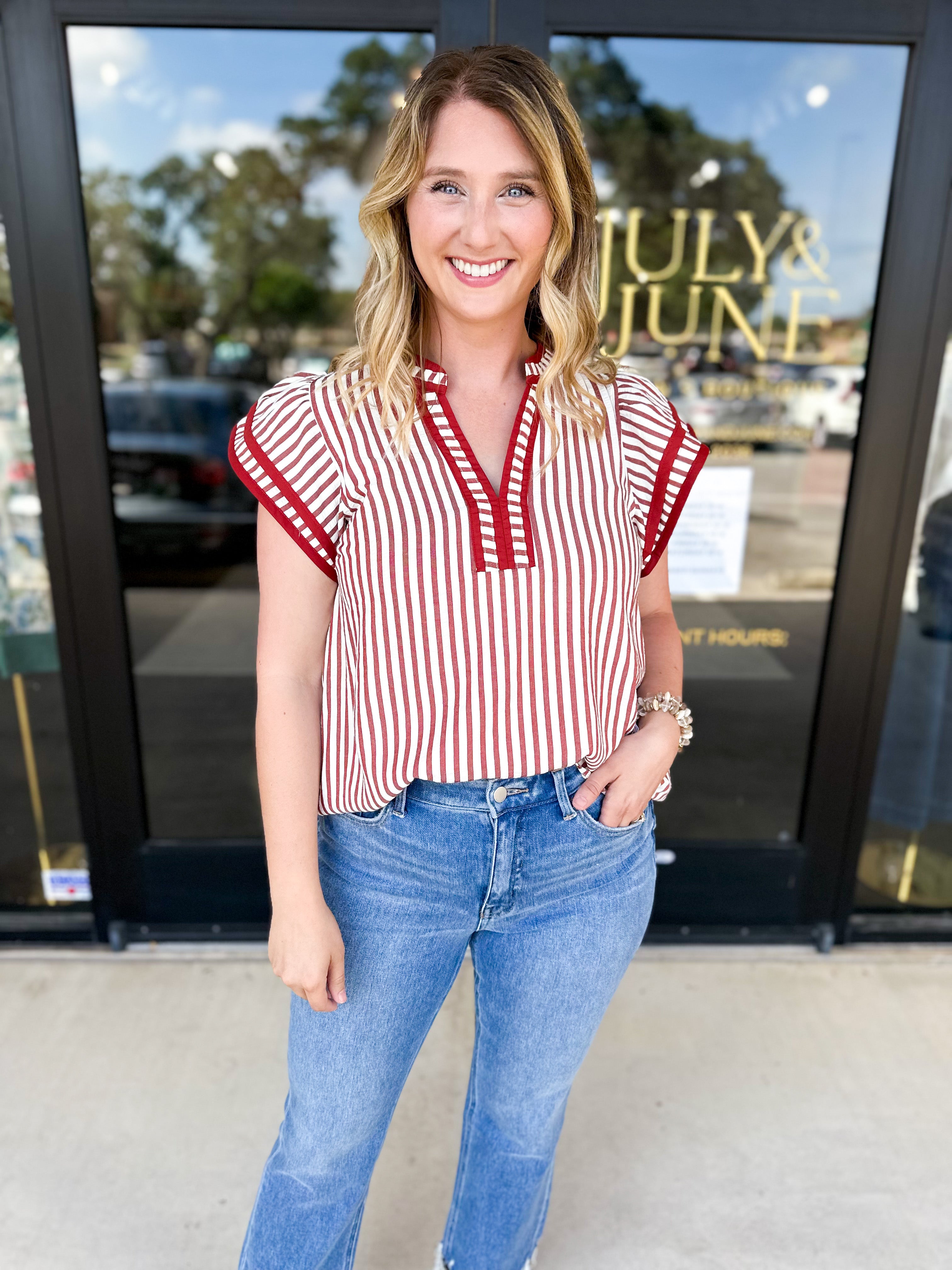 Rust Stripe Blouse-200 Fashion Blouses-ENTRO-July & June Women's Fashion Boutique Located in San Antonio, Texas
