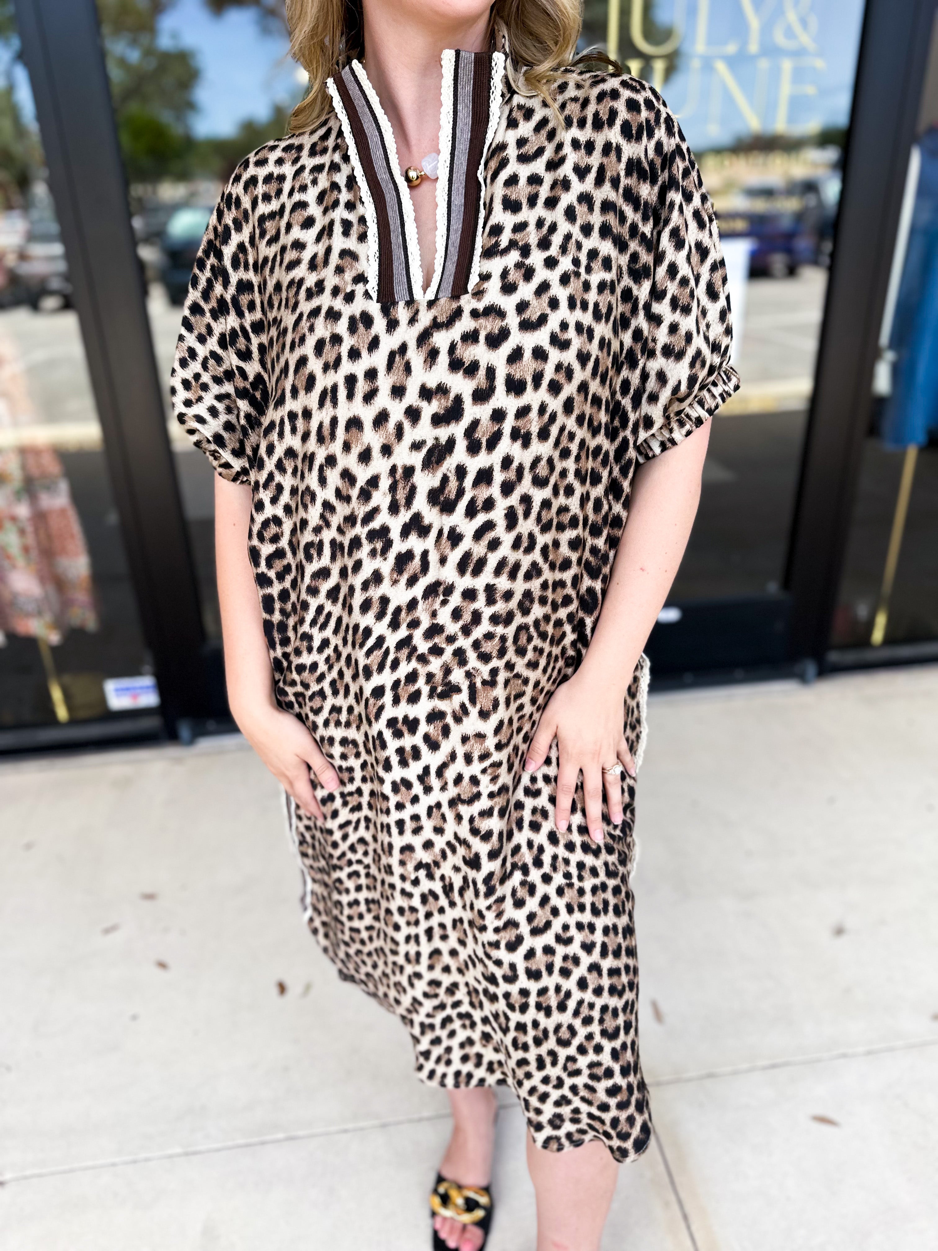 Leopard Caftan Midi Dress - Mocha-500 Midi-ENTRO-July & June Women's Fashion Boutique Located in San Antonio, Texas