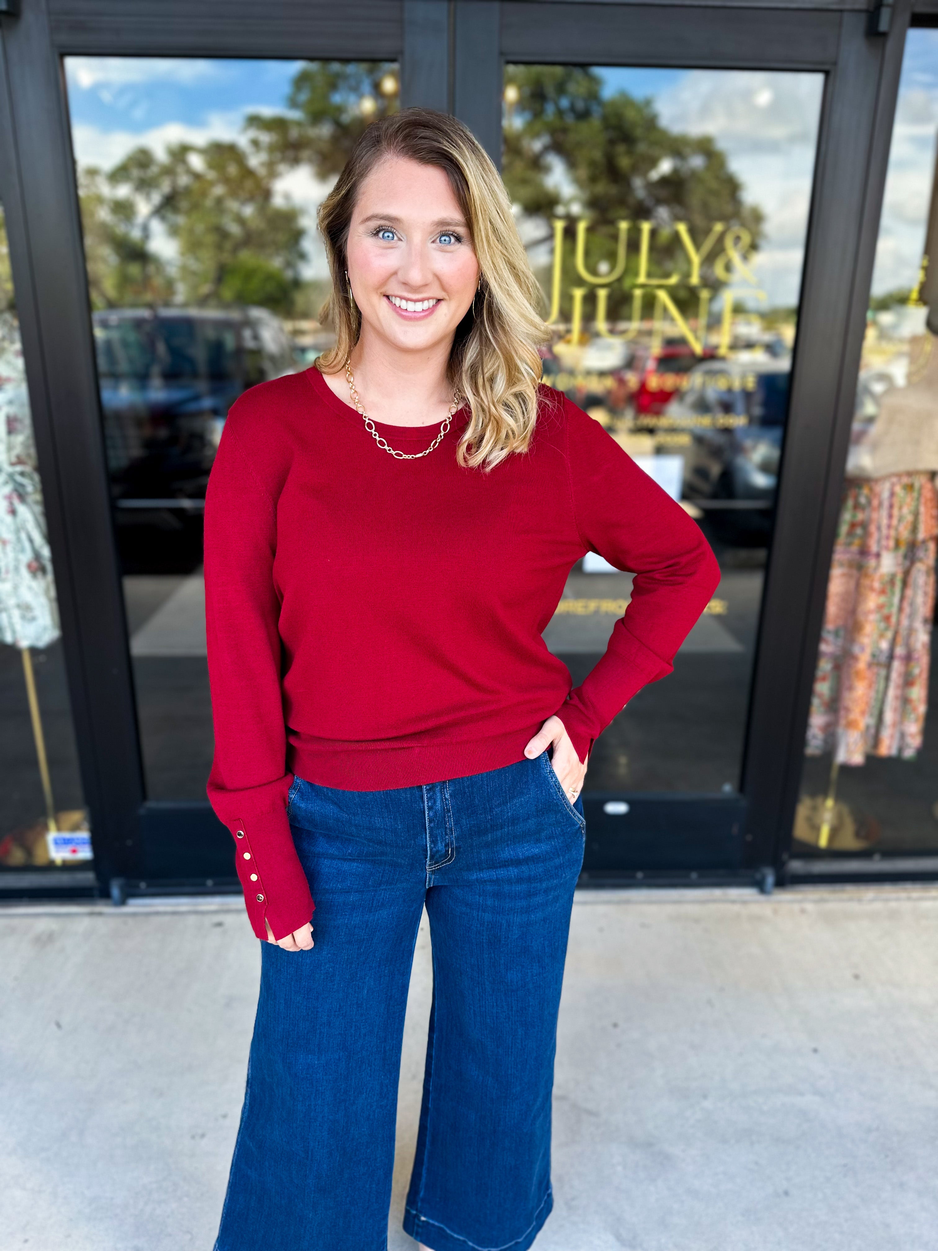 Long Sleeve Sweater Top - Crimson-230 Sweaters/Cardis-ENTRO-July & June Women's Fashion Boutique Located in San Antonio, Texas