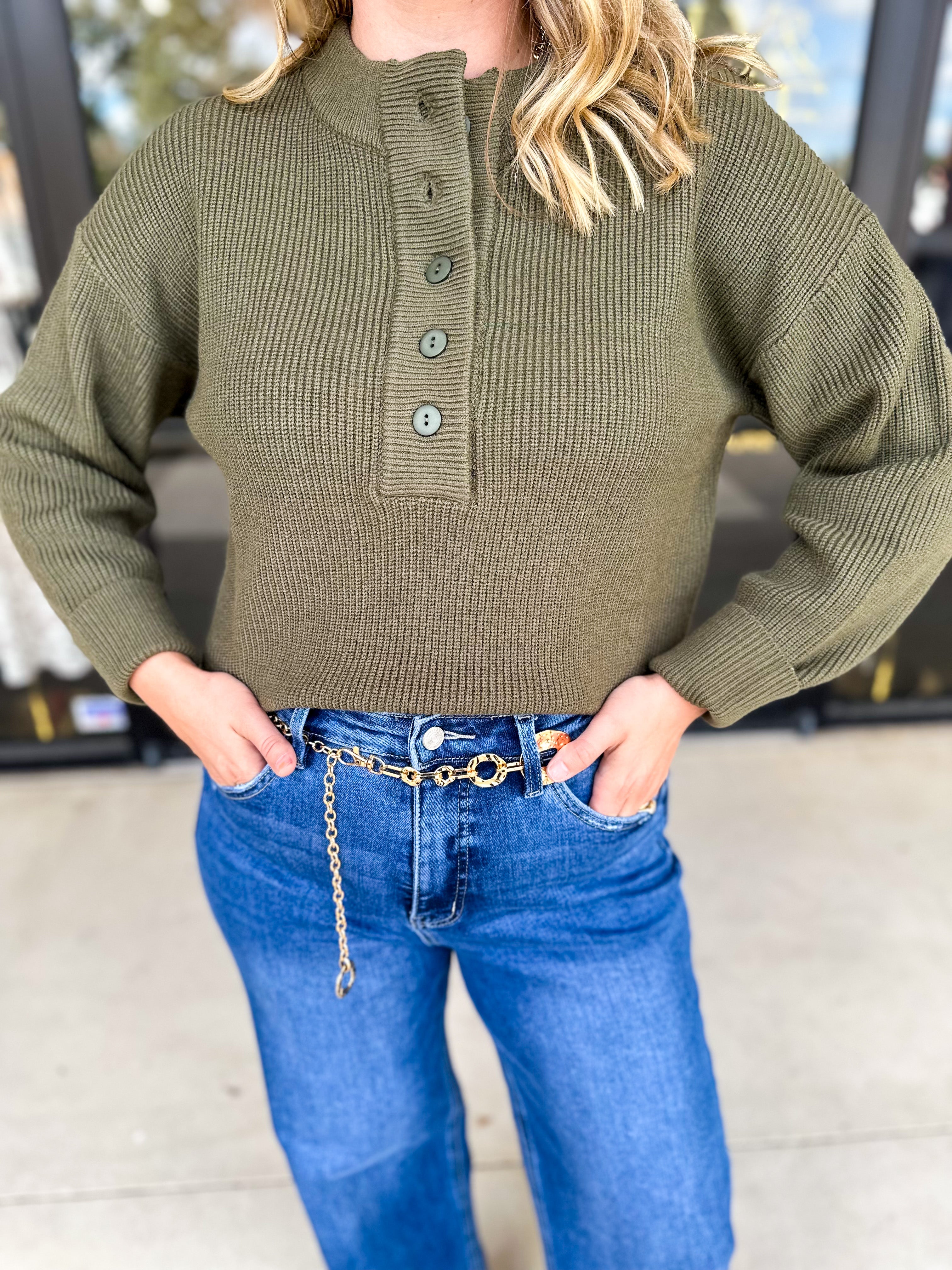The Everyday Henley Sweater - Olive-230 Sweaters/Cardis-JODIFL-July & June Women's Fashion Boutique Located in San Antonio, Texas