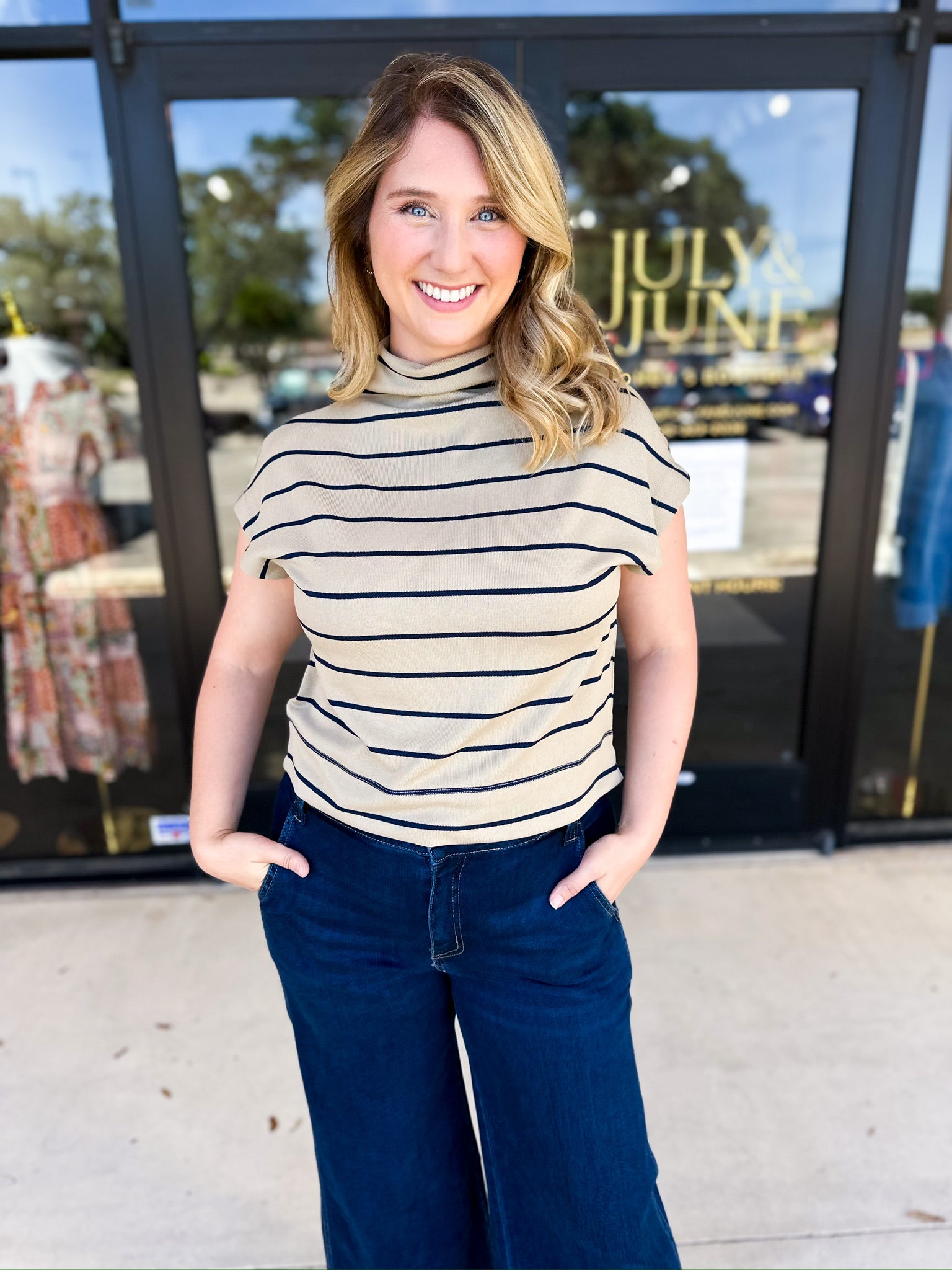 Oatmeal Stripe Comfy Tee-210 Casual Blouses-ENTRO-July & June Women's Fashion Boutique Located in San Antonio, Texas