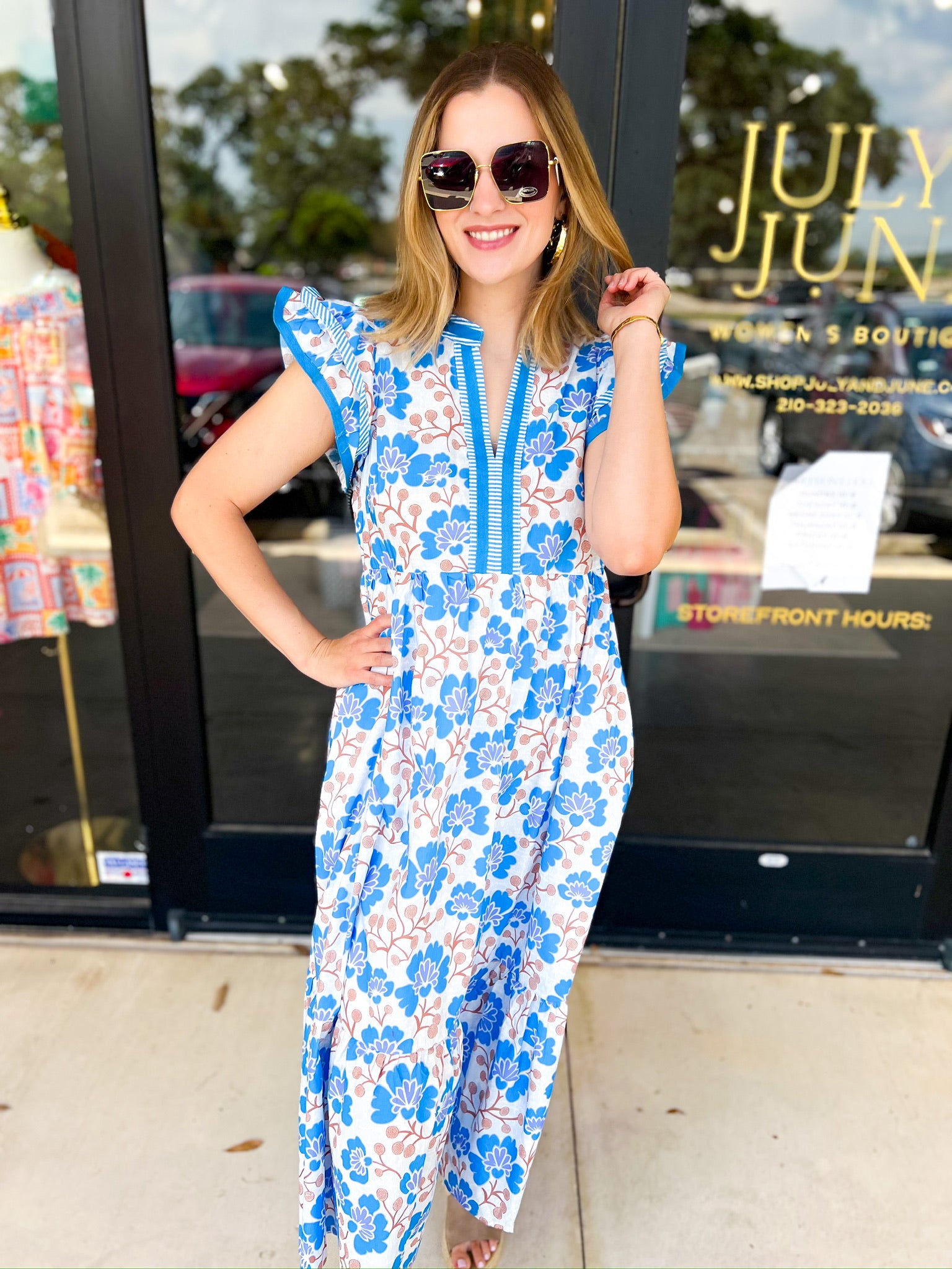 Bold Blue Floral Midi Dress-500 Midi-ENTRO-July & June Women's Fashion Boutique Located in San Antonio, Texas