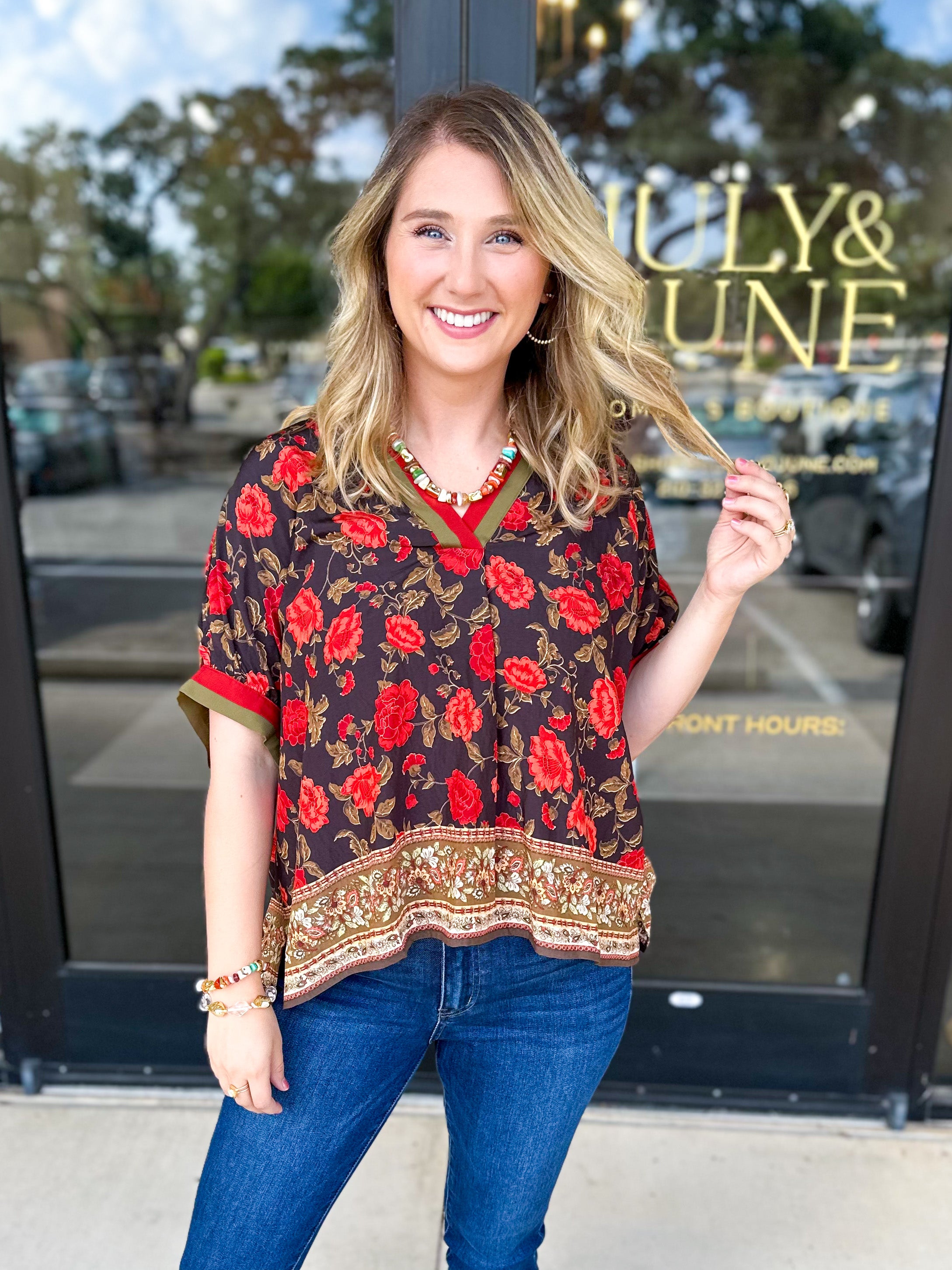 Fall Garden Blouse - Black-200 Fashion Blouses-ENTRO-July & June Women's Fashion Boutique Located in San Antonio, Texas