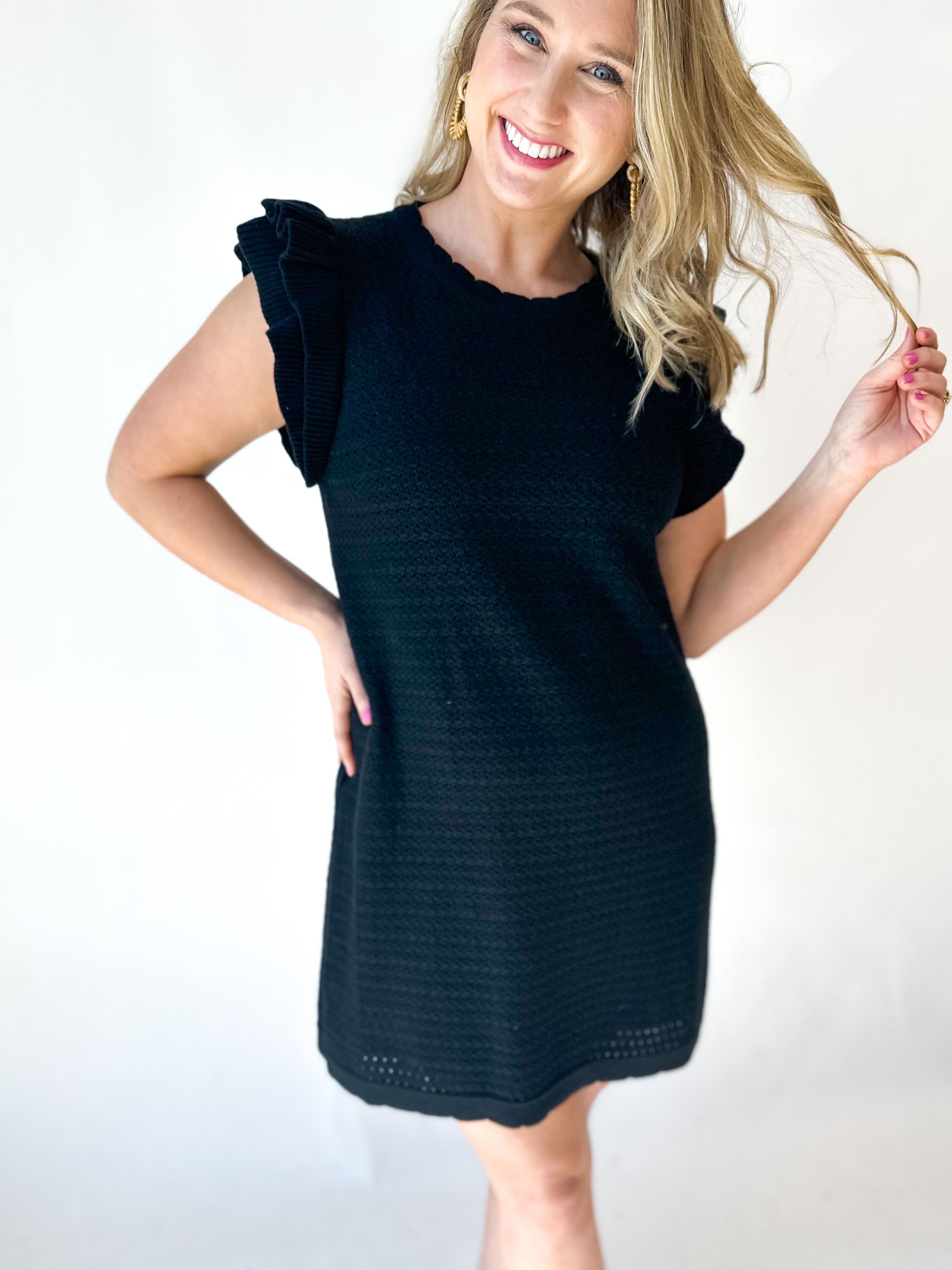 Black Crochet Knit Mini Dress-510 Mini-ENTRO-July & June Women's Fashion Boutique Located in San Antonio, Texas