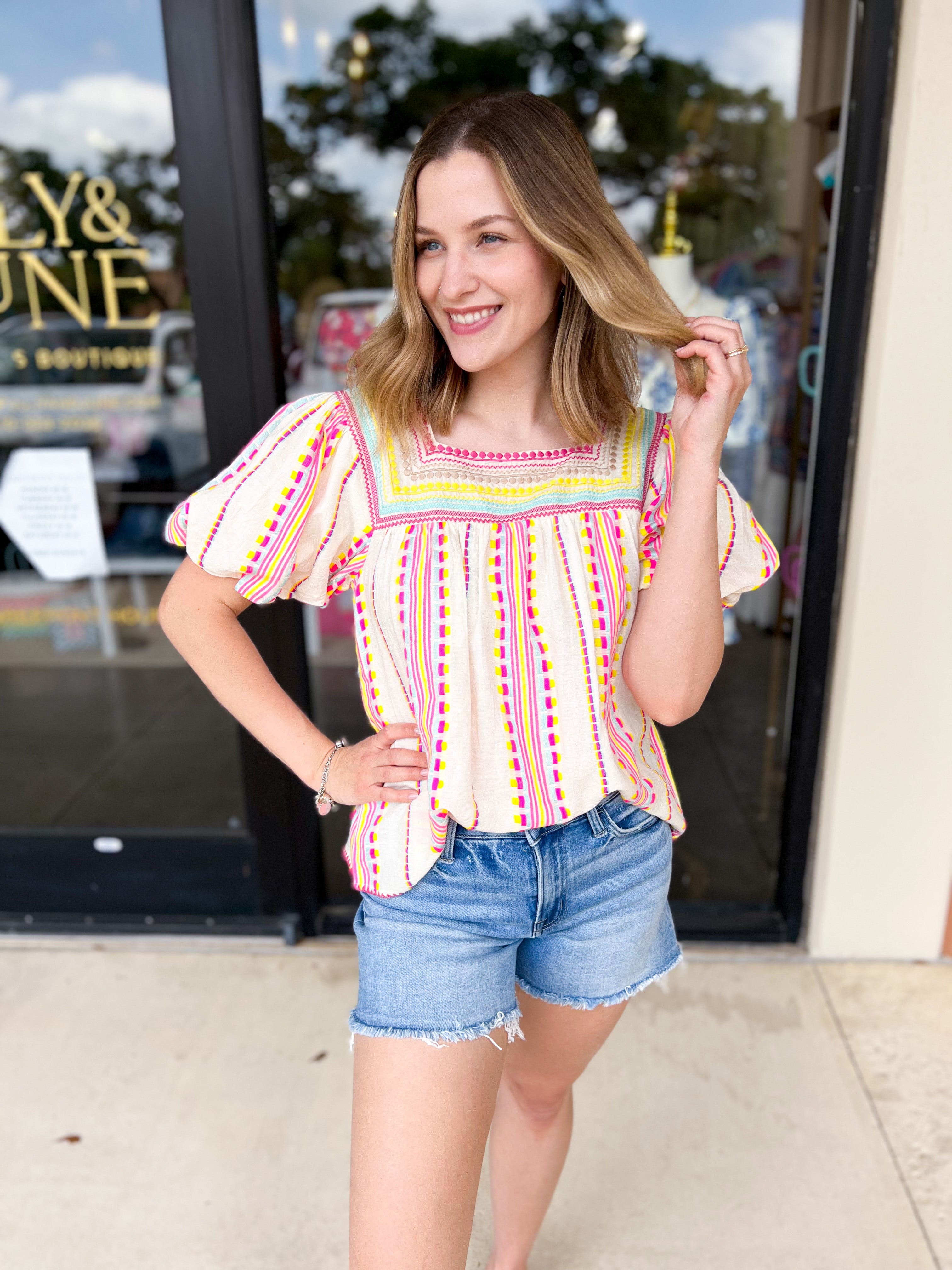 THML - Neon Fiesta Blouse-200 Fashion Blouses-THML-July & June Women's Fashion Boutique Located in San Antonio, Texas