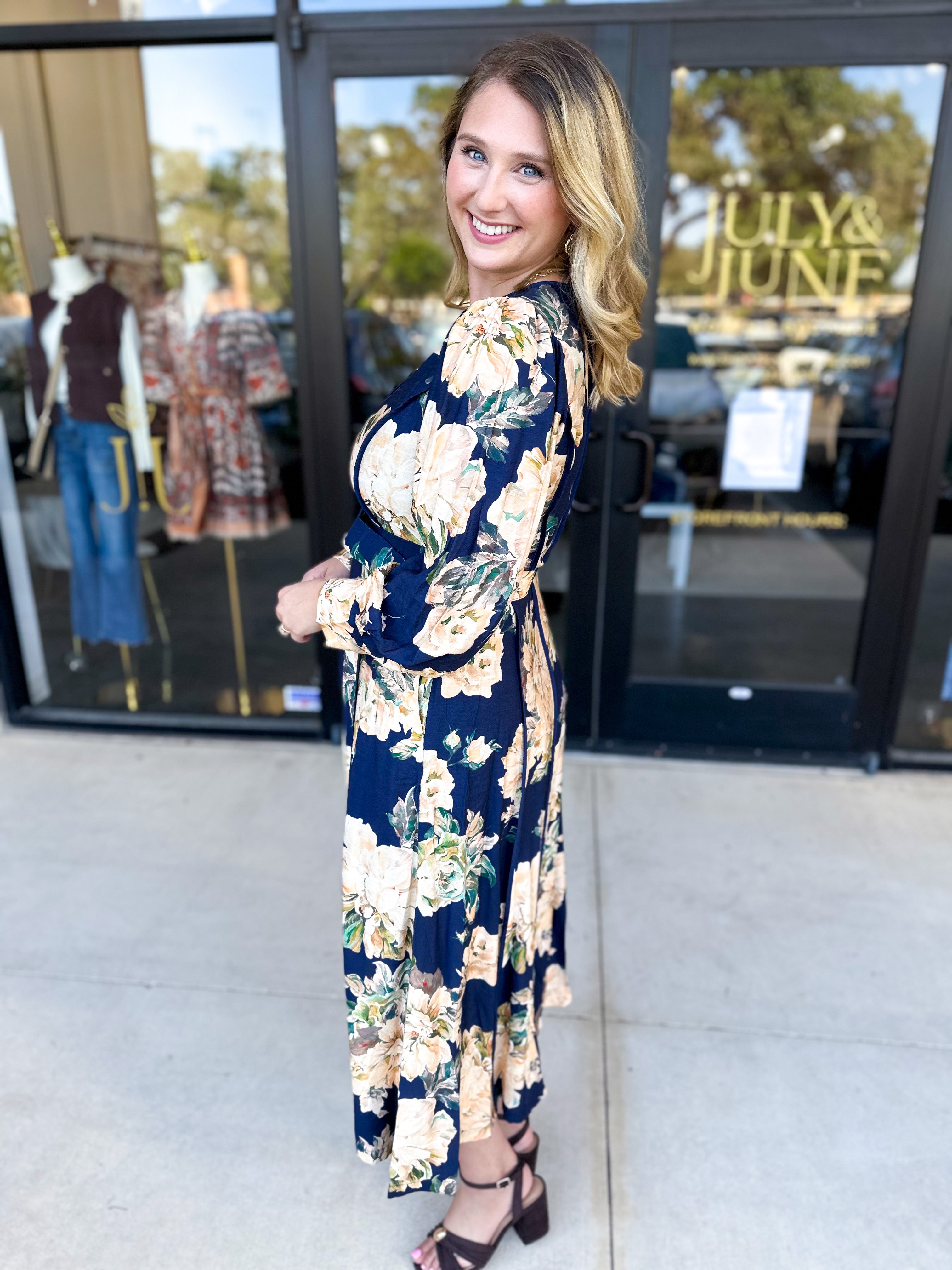Fall Meadows Midi Dress - Midnight Blue-500 Midi-ENTRO-July & June Women's Fashion Boutique Located in San Antonio, Texas