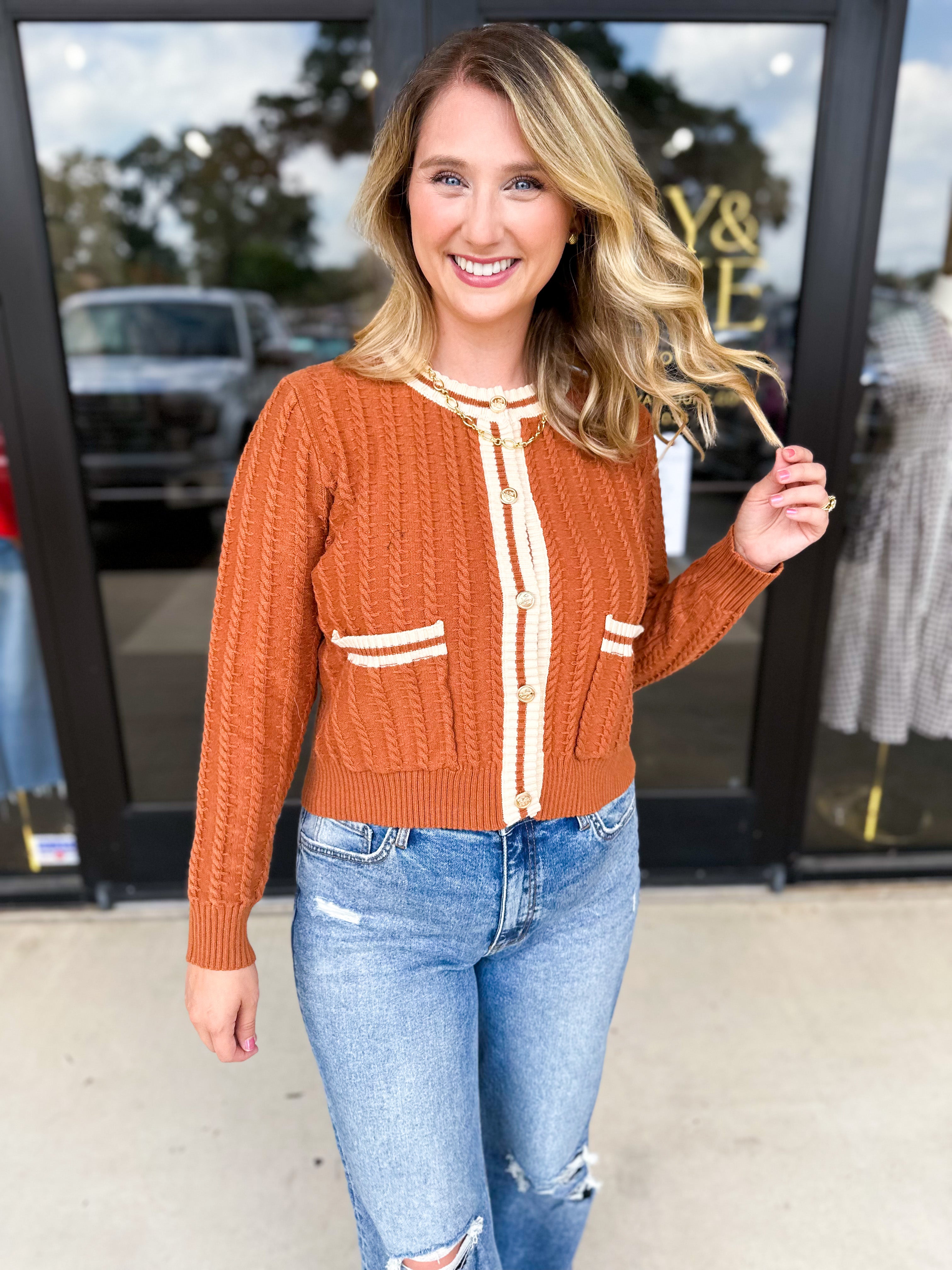 Classic Varsity Rust Cardigan-230 Sweaters/Cardis-ENTRO-July & June Women's Fashion Boutique Located in San Antonio, Texas