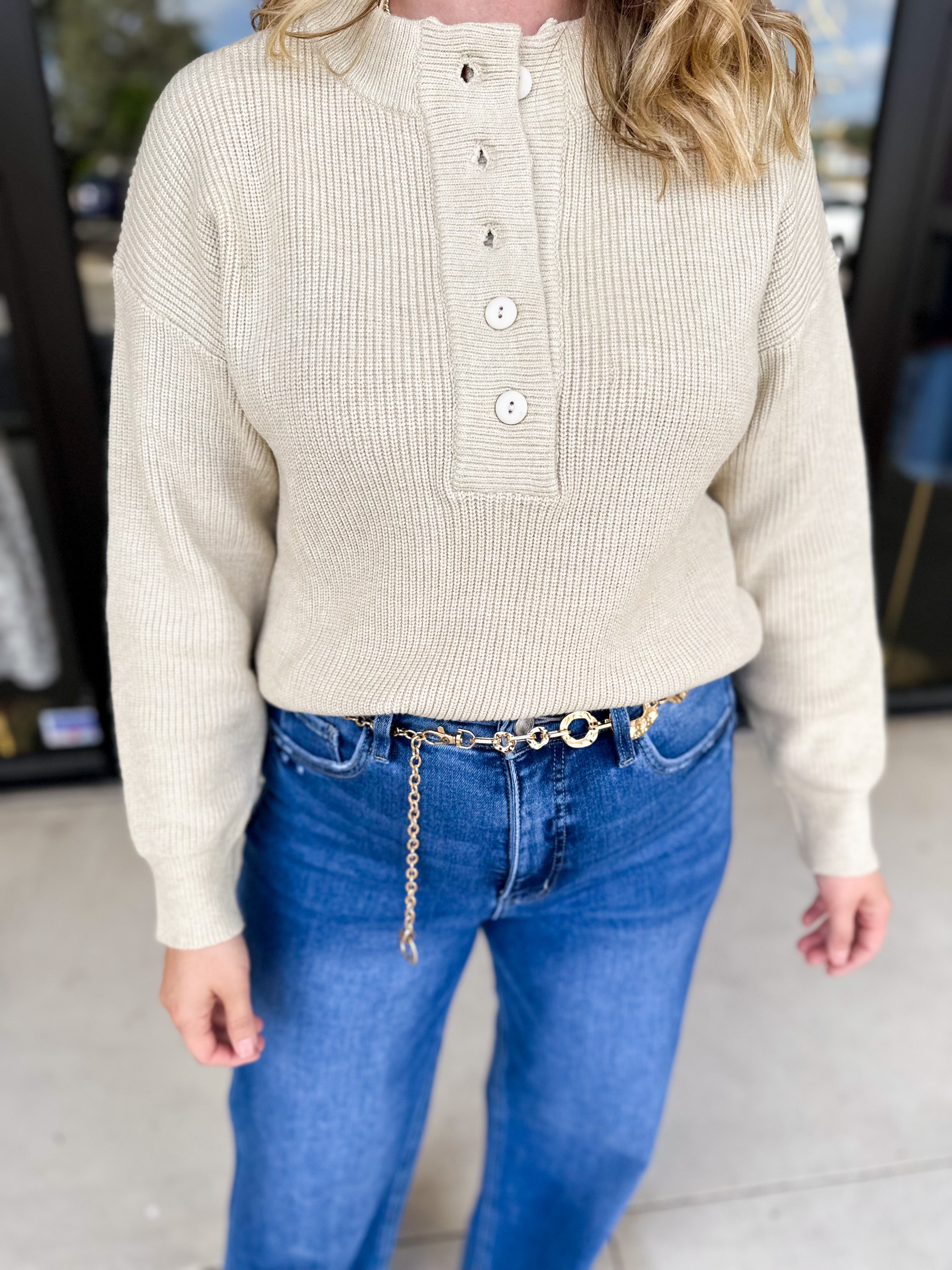 The Everyday Henley Sweater - Oatmeal-230 Sweaters/Cardis-JODIFL-July & June Women's Fashion Boutique Located in San Antonio, Texas