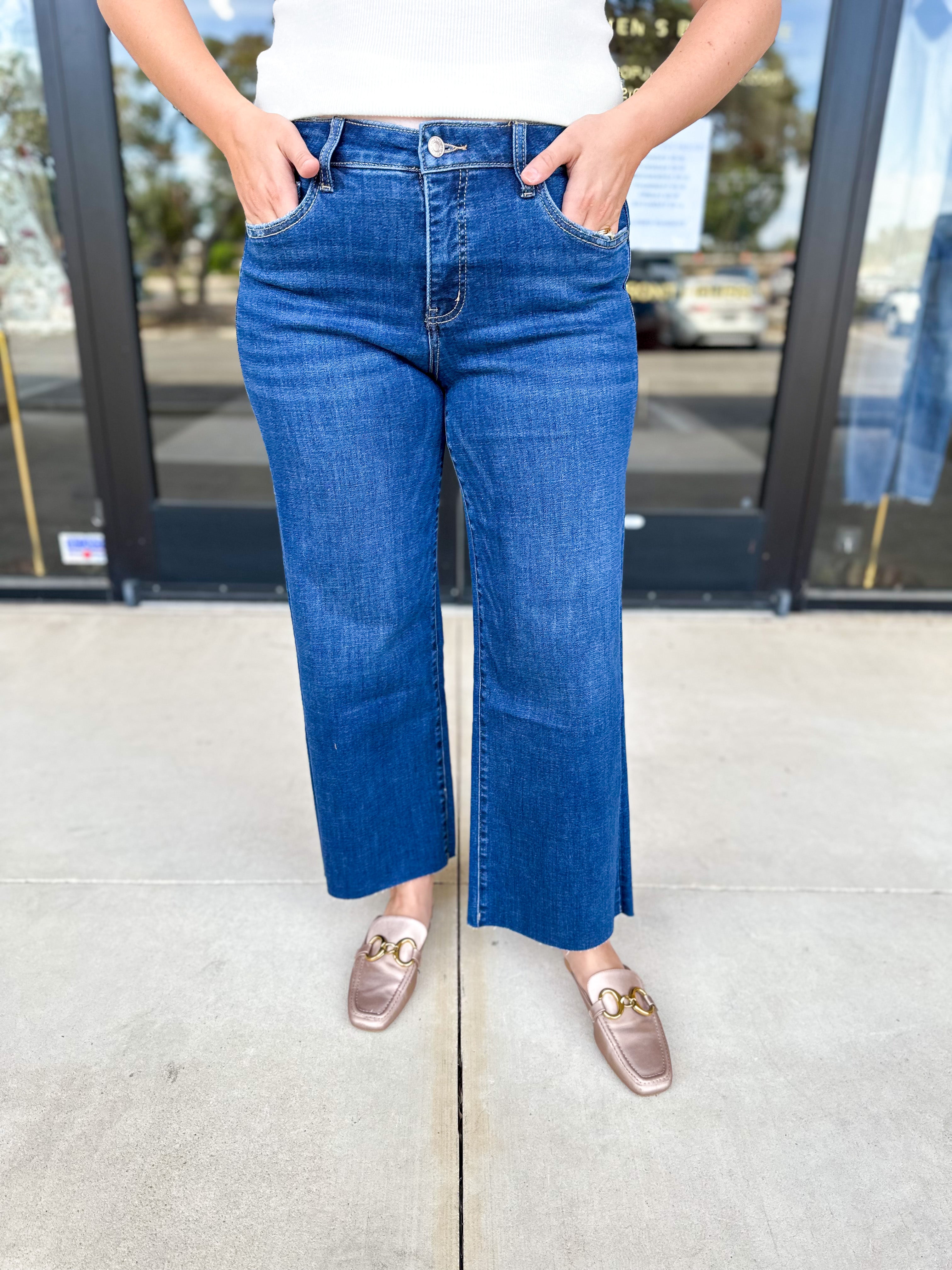 Vervet - Dark Mid Rise Wide Leg Tummy Control Jeans-400 Pants-VEVERT BY FLYING MONKEY-July & June Women's Fashion Boutique Located in San Antonio, Texas