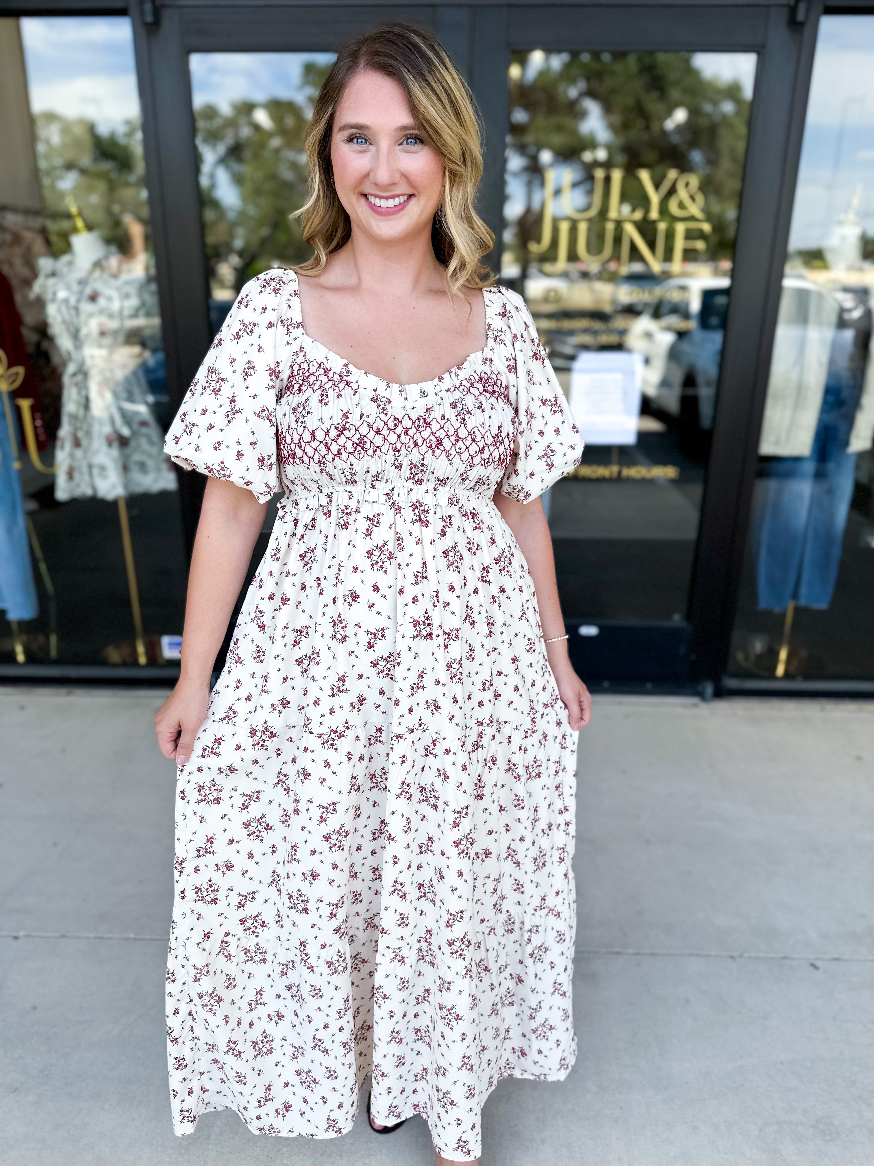 Burgundy Vintage Floral Midi Dress-500 Midi-POLOGRAM-July & June Women's Fashion Boutique Located in San Antonio, Texas