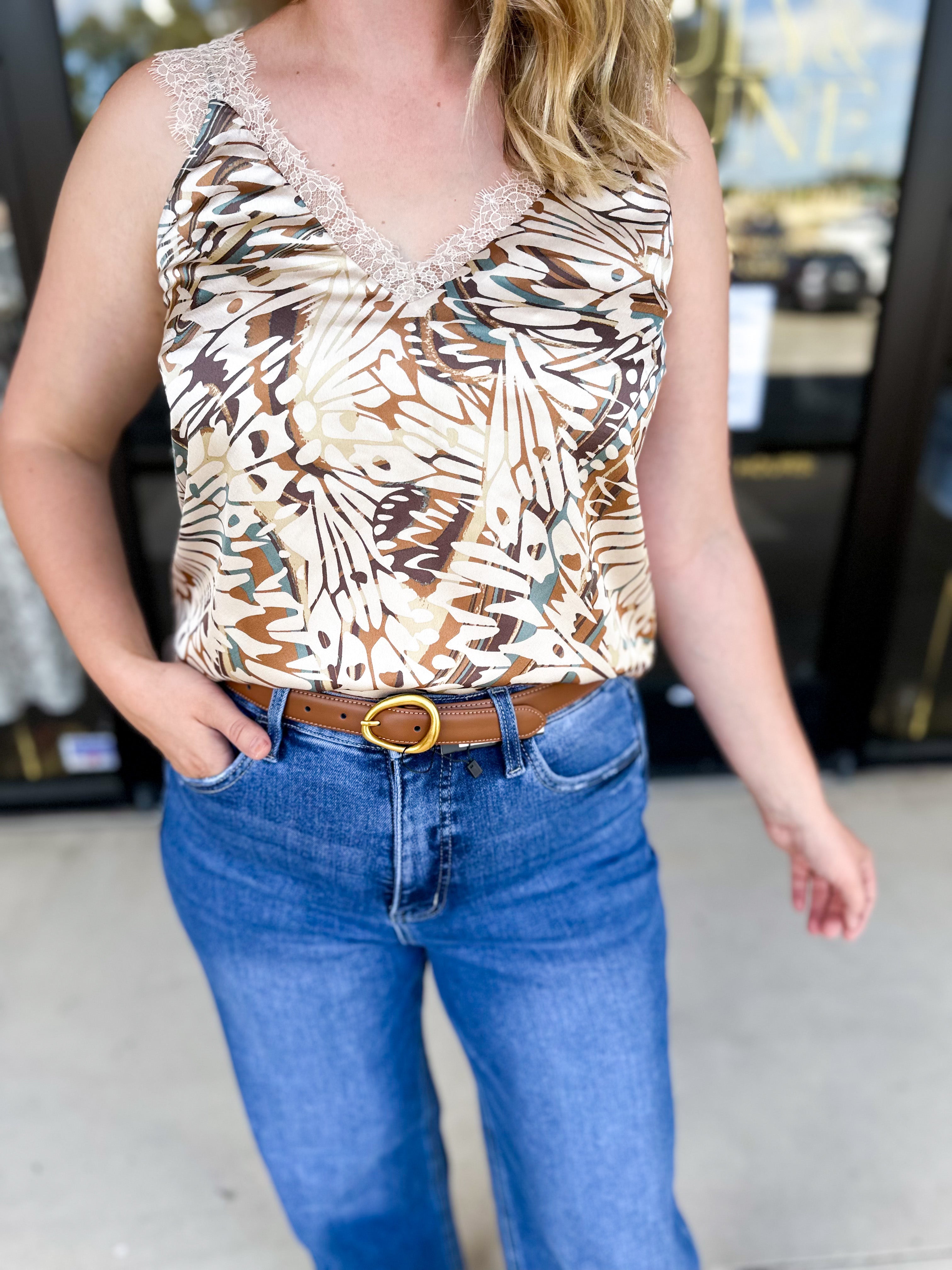 Autumn Abstract Lace Cami-200 Fashion Blouses-SKIES ARE BLUE-July & June Women's Fashion Boutique Located in San Antonio, Texas