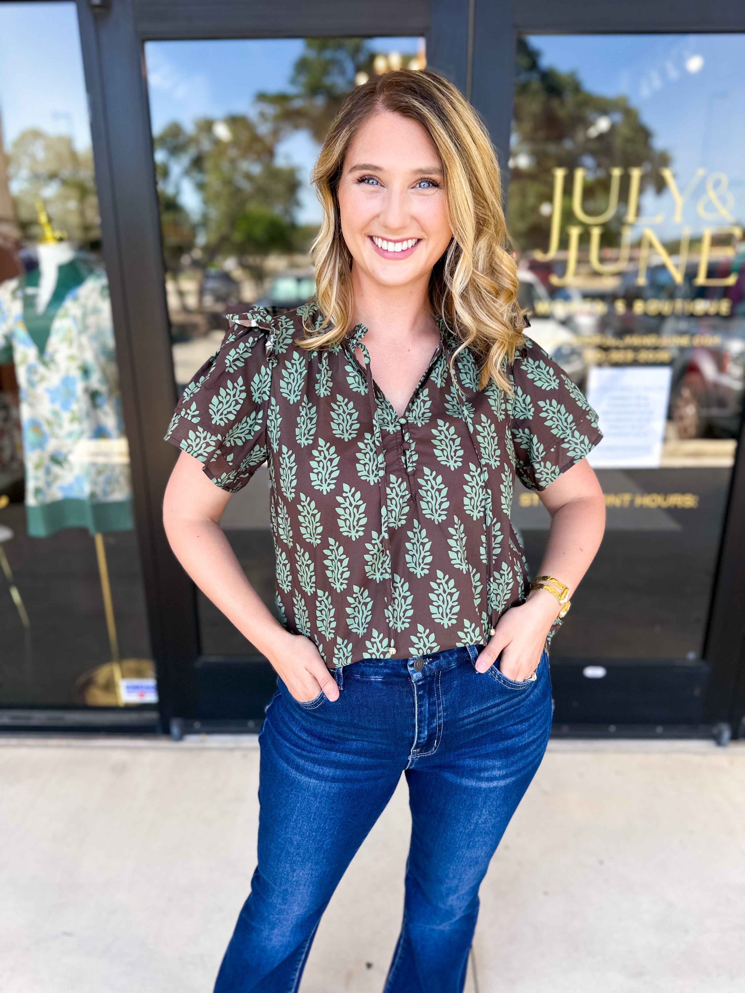 Mint & Mocha Blouse-200 Fashion Blouses-ENTRO-July & June Women's Fashion Boutique Located in San Antonio, Texas