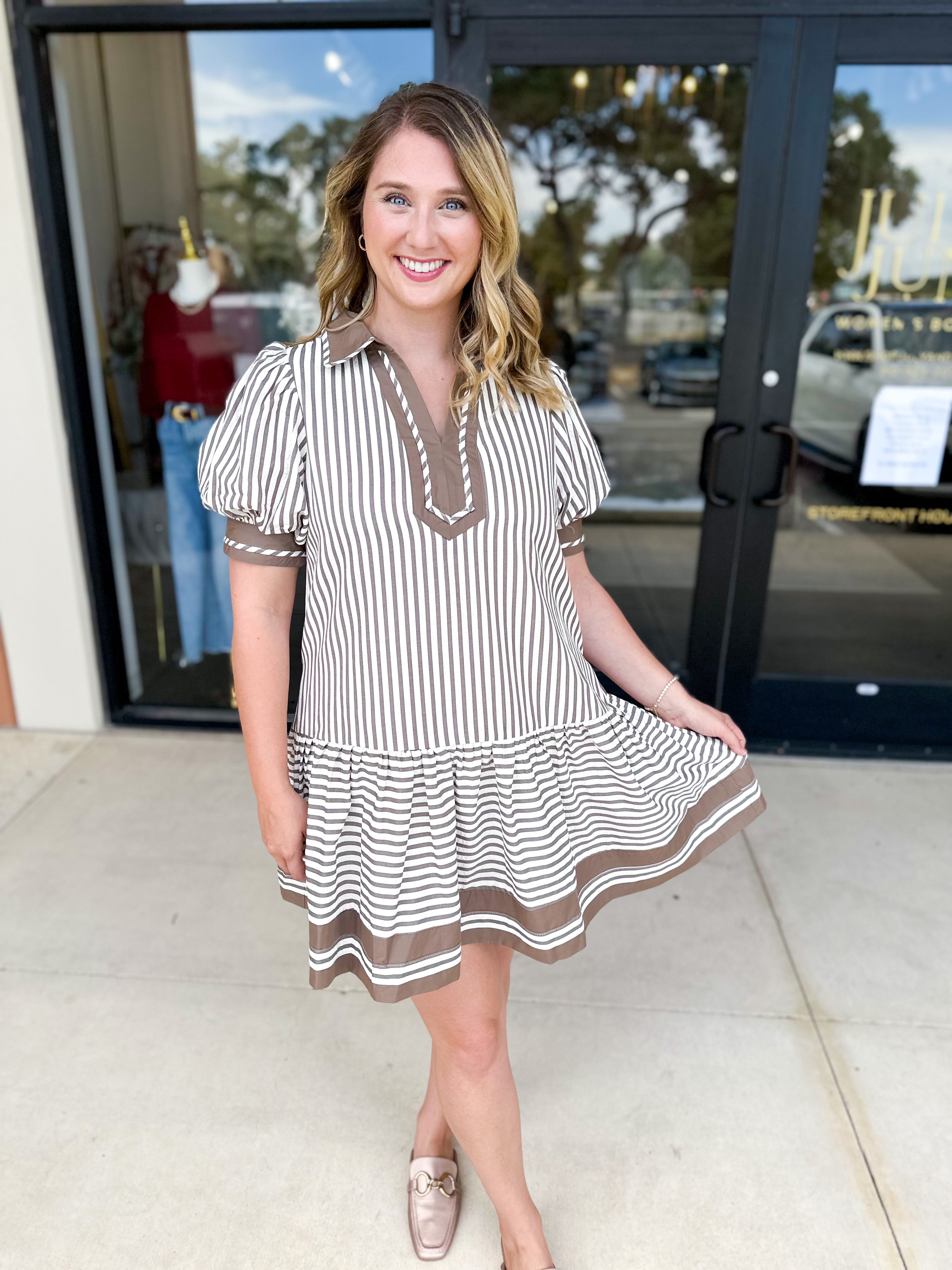 Mocha Stripe Mini Dress-510 Mini-ENTRO-July & June Women's Fashion Boutique Located in San Antonio, Texas