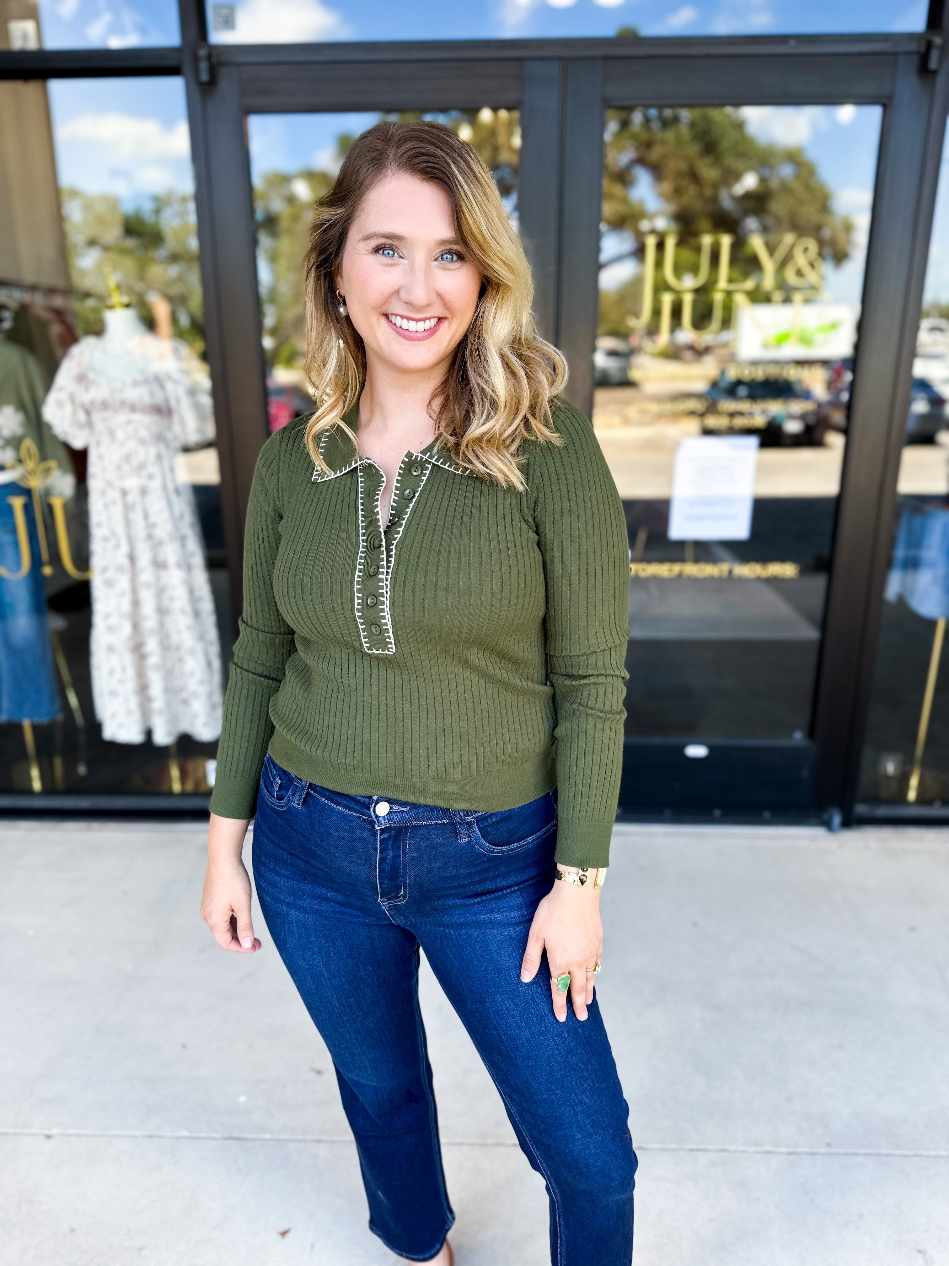 Tailored Knit Long Sleeve - Olive-230 Sweaters/Cardis-LISTICLE-July & June Women's Fashion Boutique Located in San Antonio, Texas