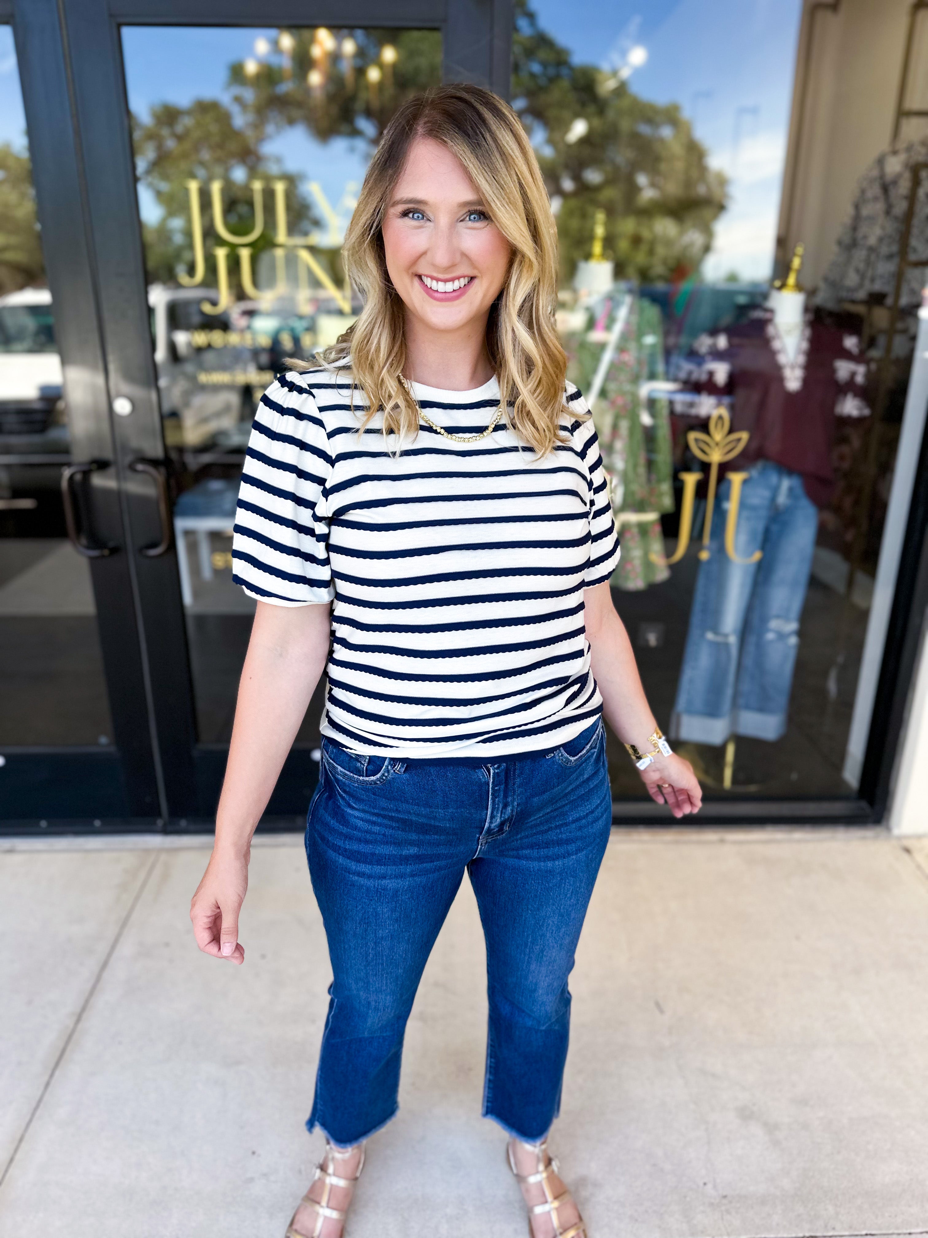 Striped Round Neck Tee - Navy-210 Casual Blouses-POLOGRAM-July & June Women's Fashion Boutique Located in San Antonio, Texas