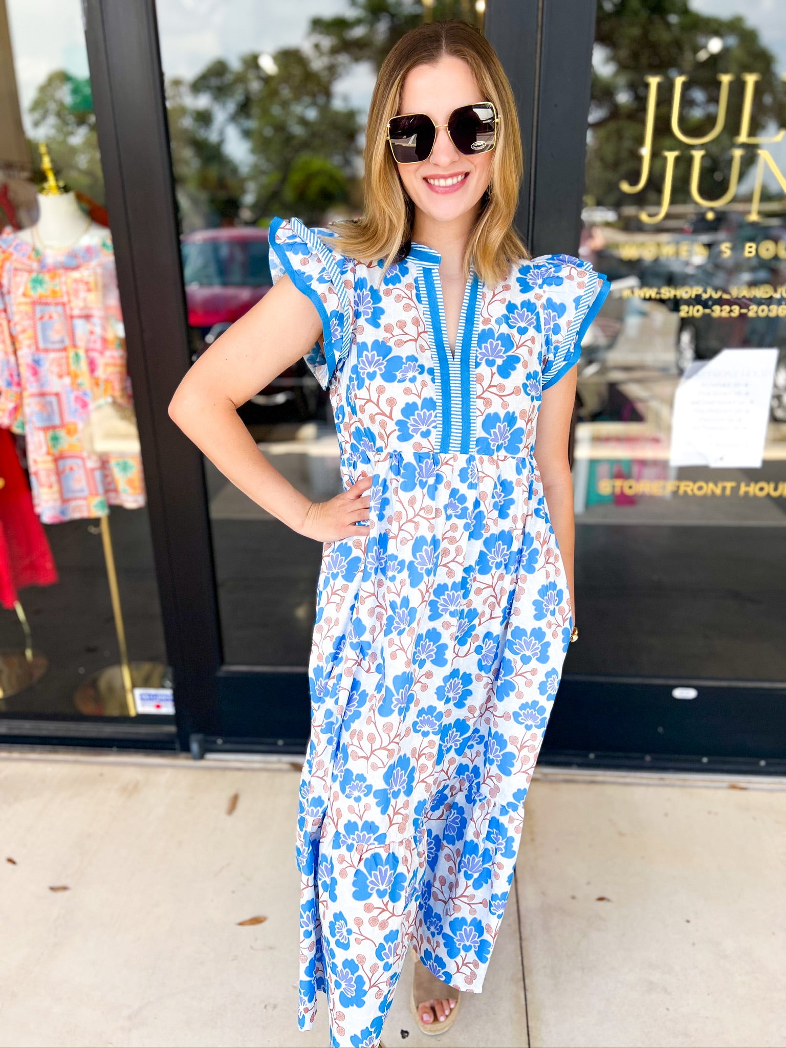 Bold Blue Floral Midi Dress-500 Midi-ENTRO-July & June Women's Fashion Boutique Located in San Antonio, Texas