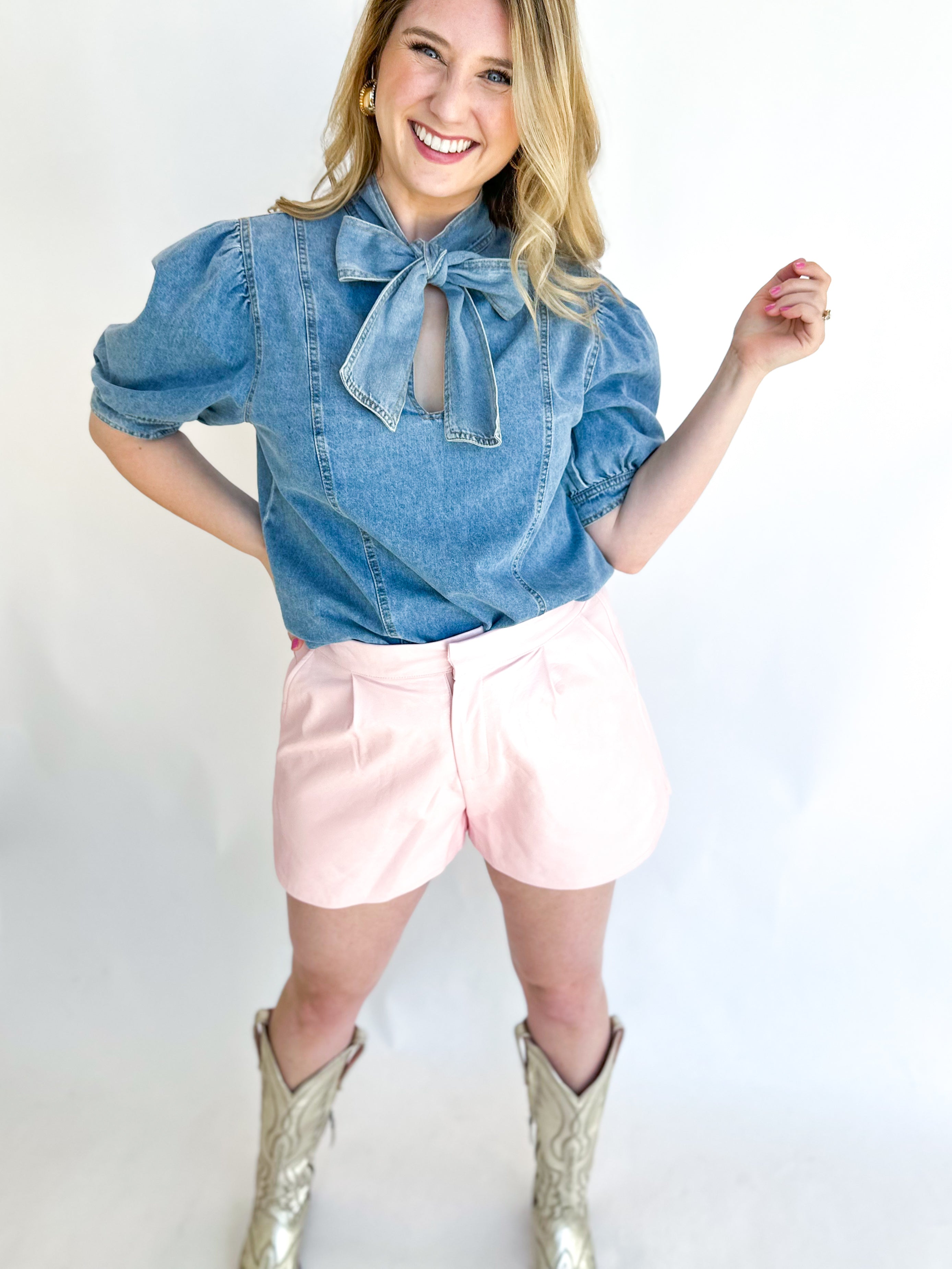 Pastel Pink Faux Leather Shorts-410 Shorts/Skirts-ENTRO-July & June Women's Fashion Boutique Located in San Antonio, Texas
