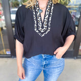Varsity Cheetah Detail Blouse - Black-200 Fashion Blouses-ENTRO-July & June Women's Fashion Boutique Located in San Antonio, Texas
