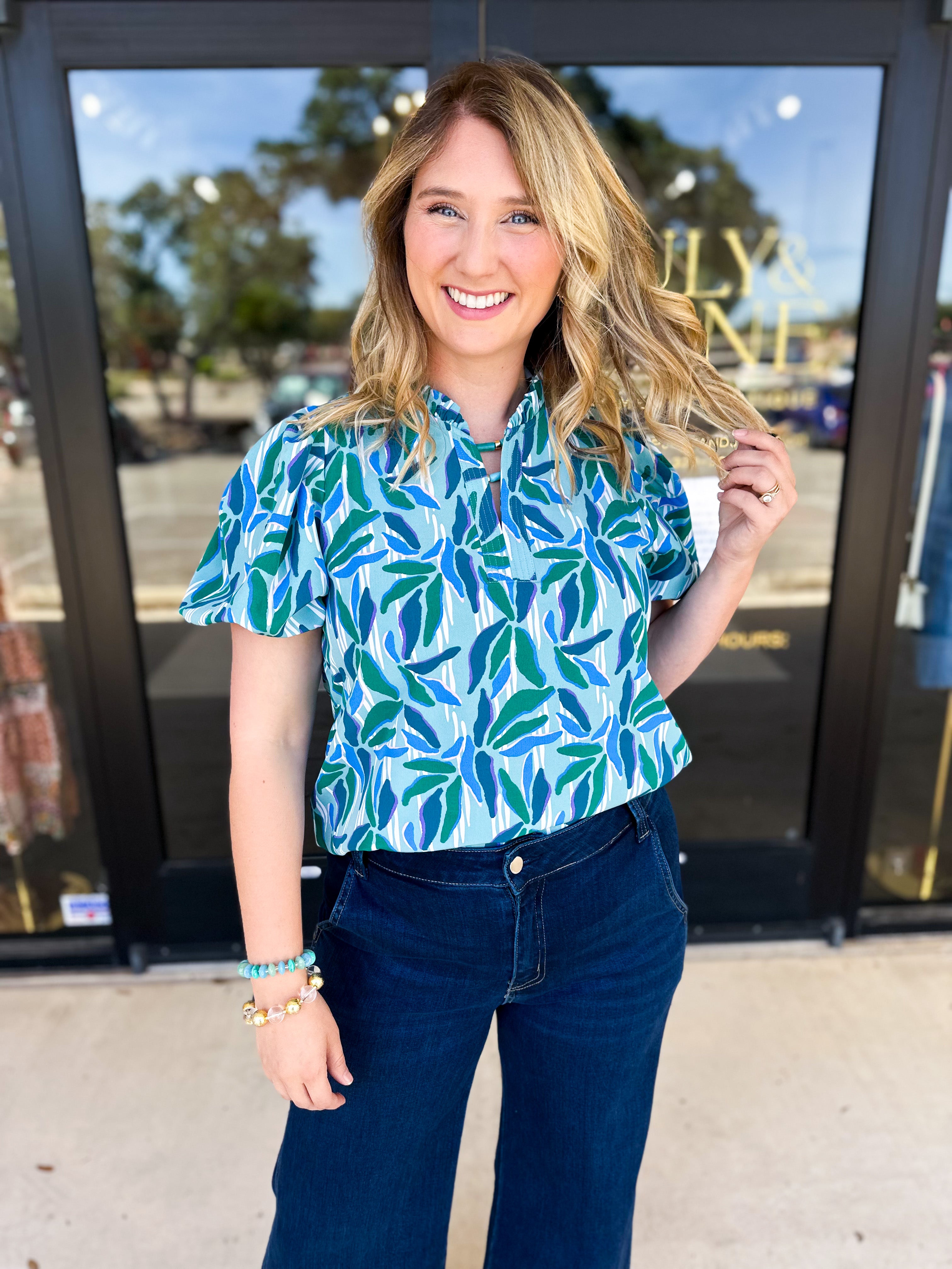 Mary Square - Lainey Reflecting Green Blouse-200 Fashion Blouses-MARY SQUARE-July & June Women's Fashion Boutique Located in San Antonio, Texas
