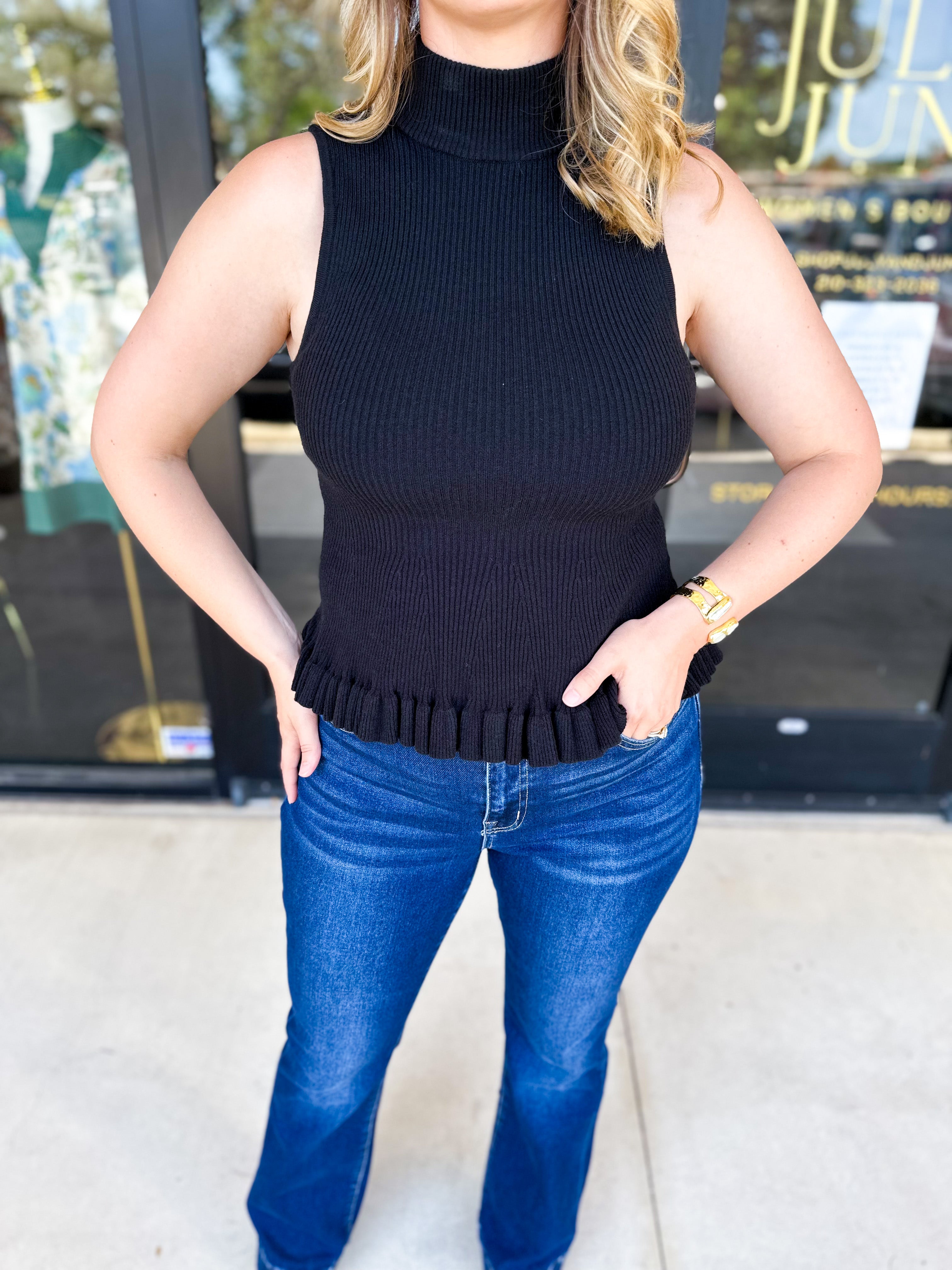 Ruffle Knit Tank Top - Black-230 Sweaters/Cardis-FATE-July & June Women's Fashion Boutique Located in San Antonio, Texas