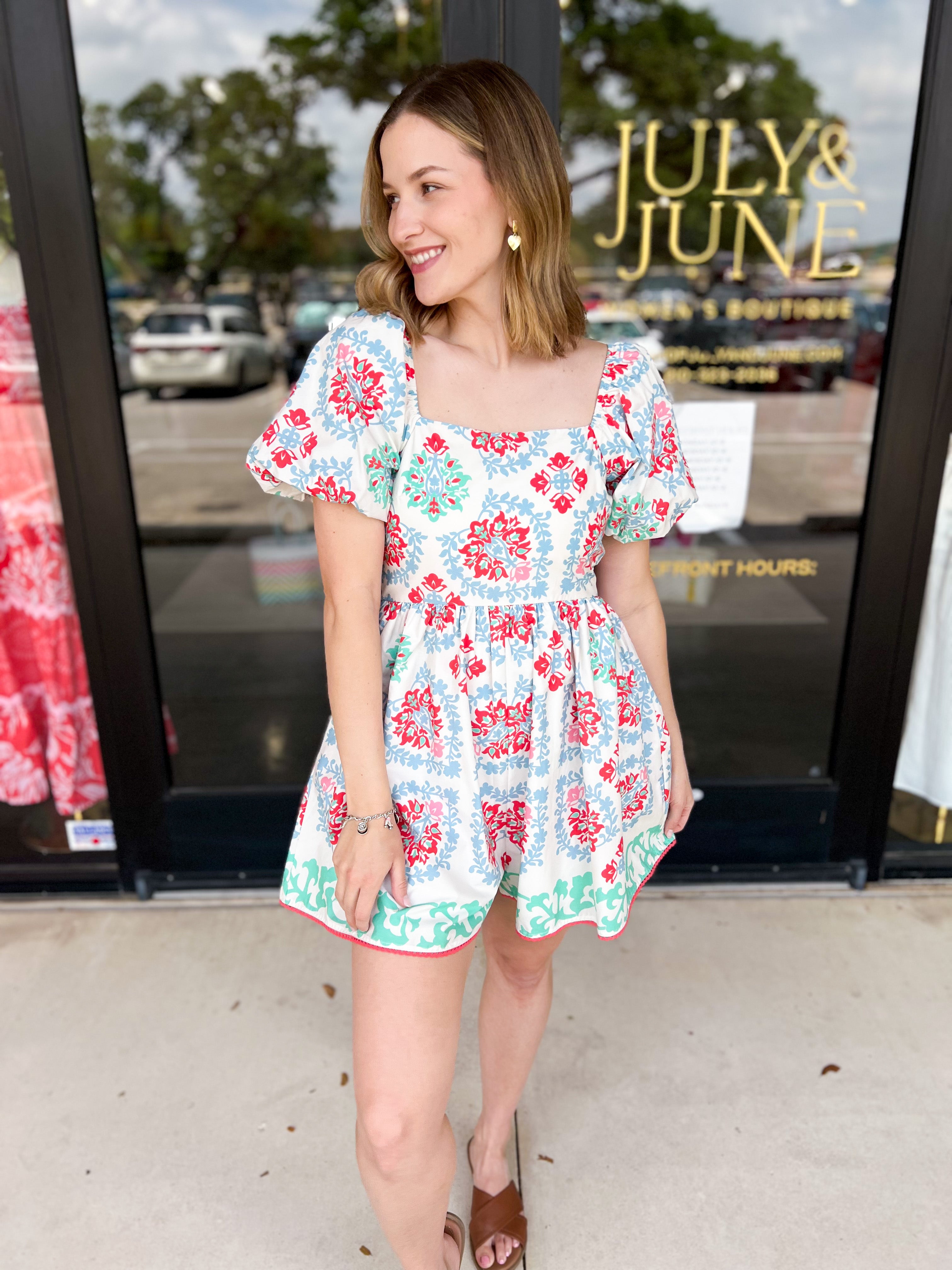 Border Print Puff Sleeve Romper-510 Mini-PEACH LOVE-July & June Women's Fashion Boutique Located in San Antonio, Texas