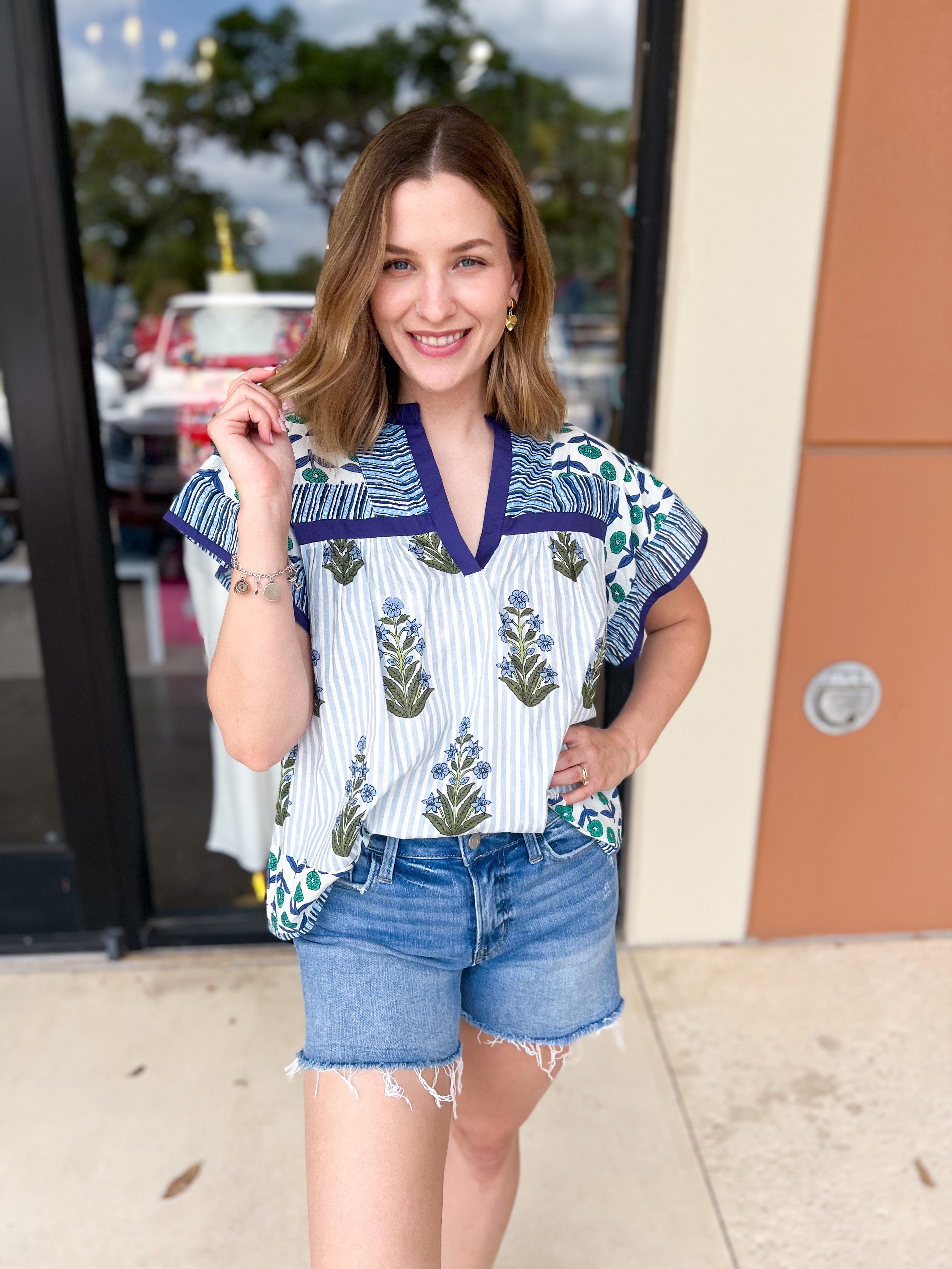 THML - Blue Floral Block Print Blouse-200 Fashion Blouses-THML-July & June Women's Fashion Boutique Located in San Antonio, Texas