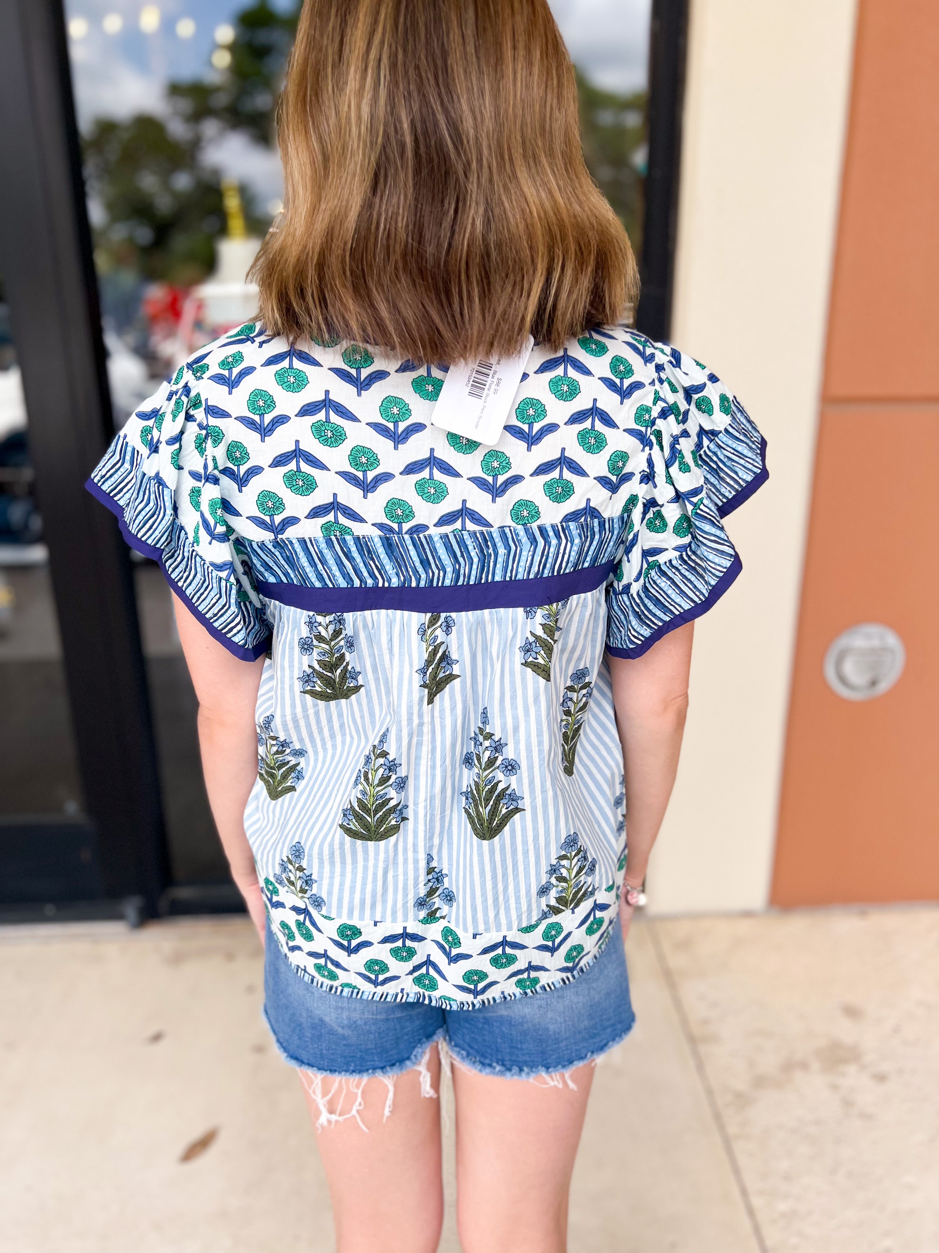 THML - Blue Floral Block Print Blouse-200 Fashion Blouses-THML-July & June Women's Fashion Boutique Located in San Antonio, Texas