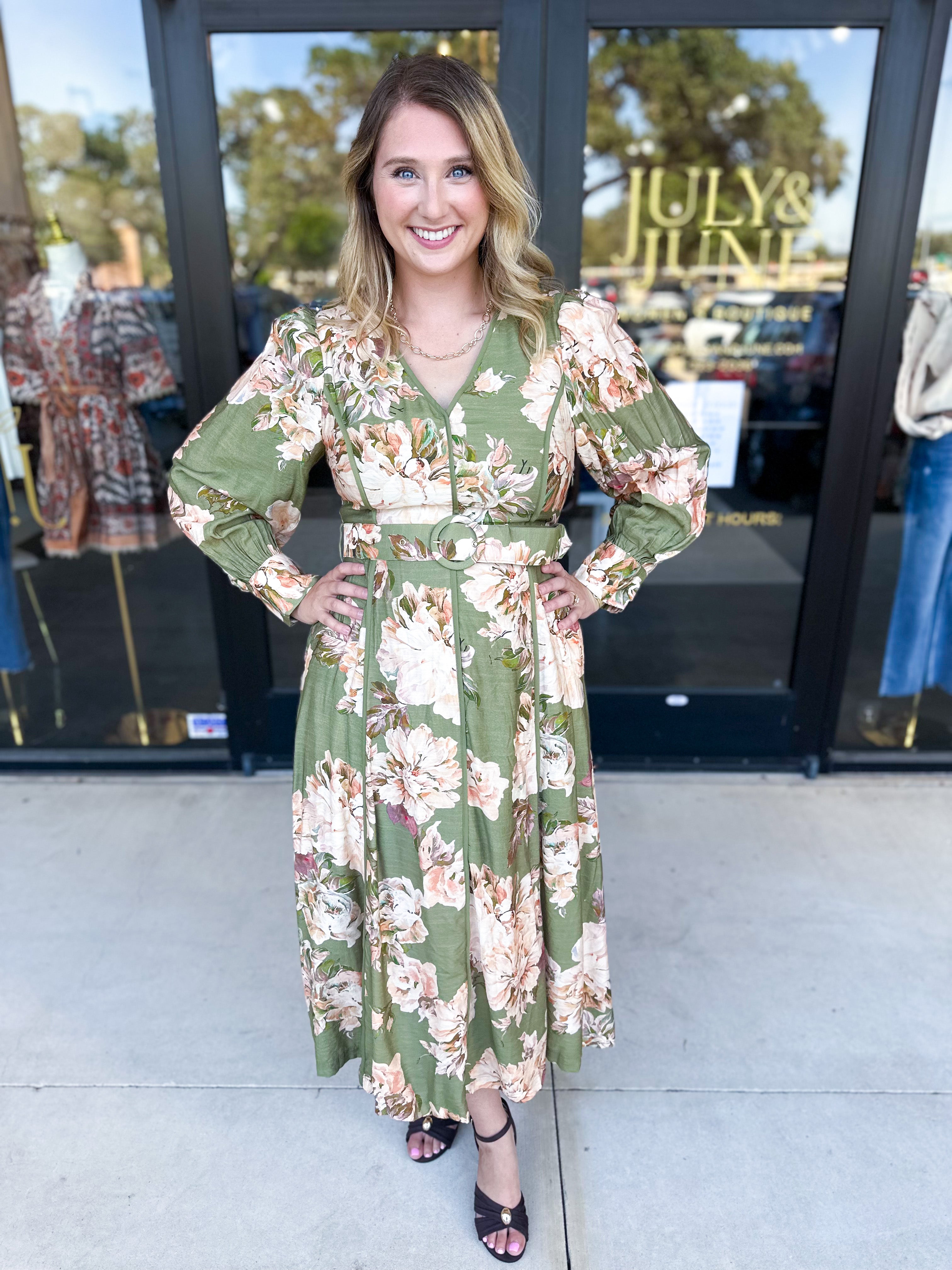 Fall Meadows Midi Dress - Olive-500 Midi-ENTRO-July & June Women's Fashion Boutique Located in San Antonio, Texas