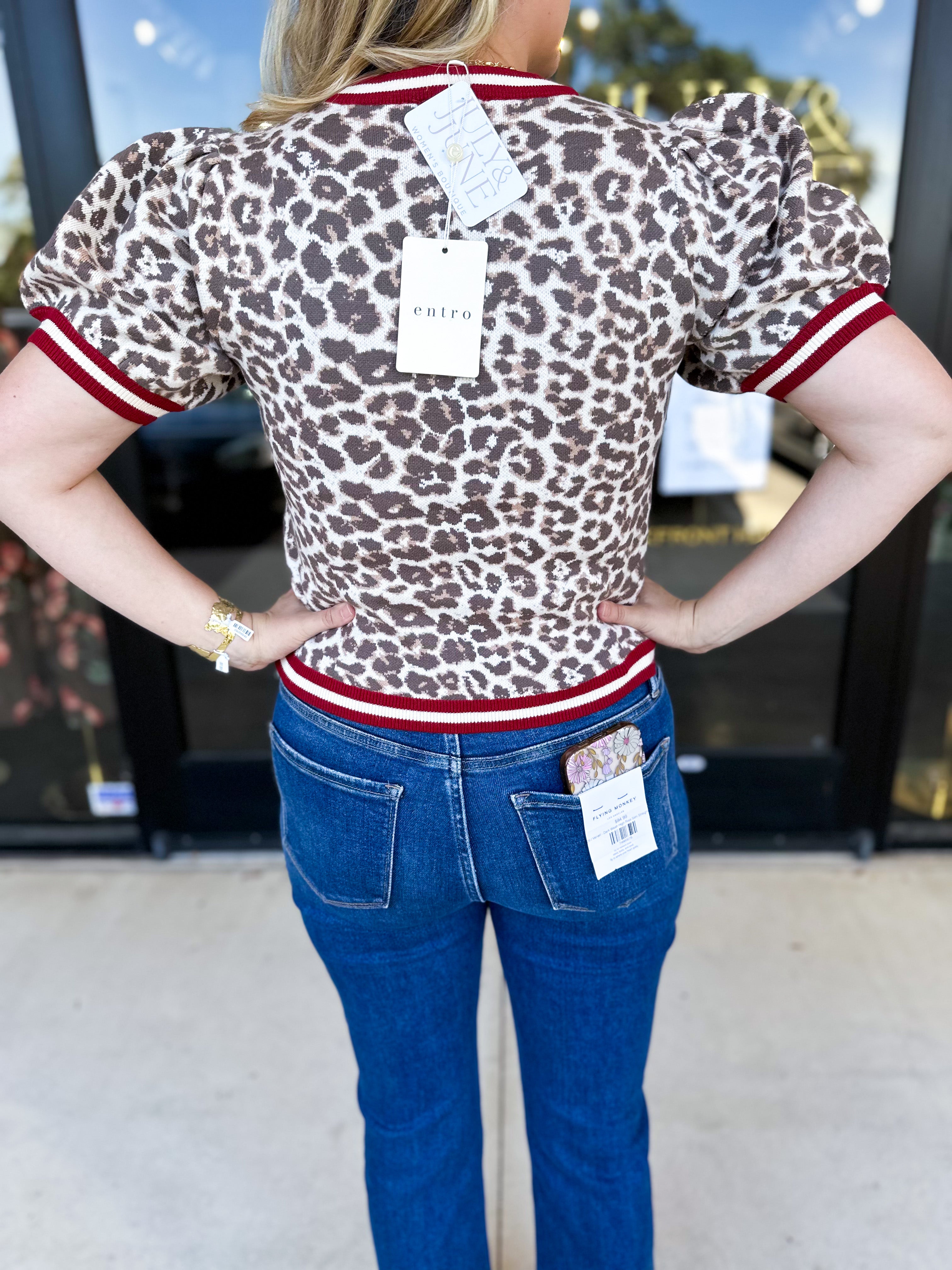 Varsity Leopard Sweater Top - Red-210 Casual Blouses-ENTRO-July & June Women's Fashion Boutique Located in San Antonio, Texas