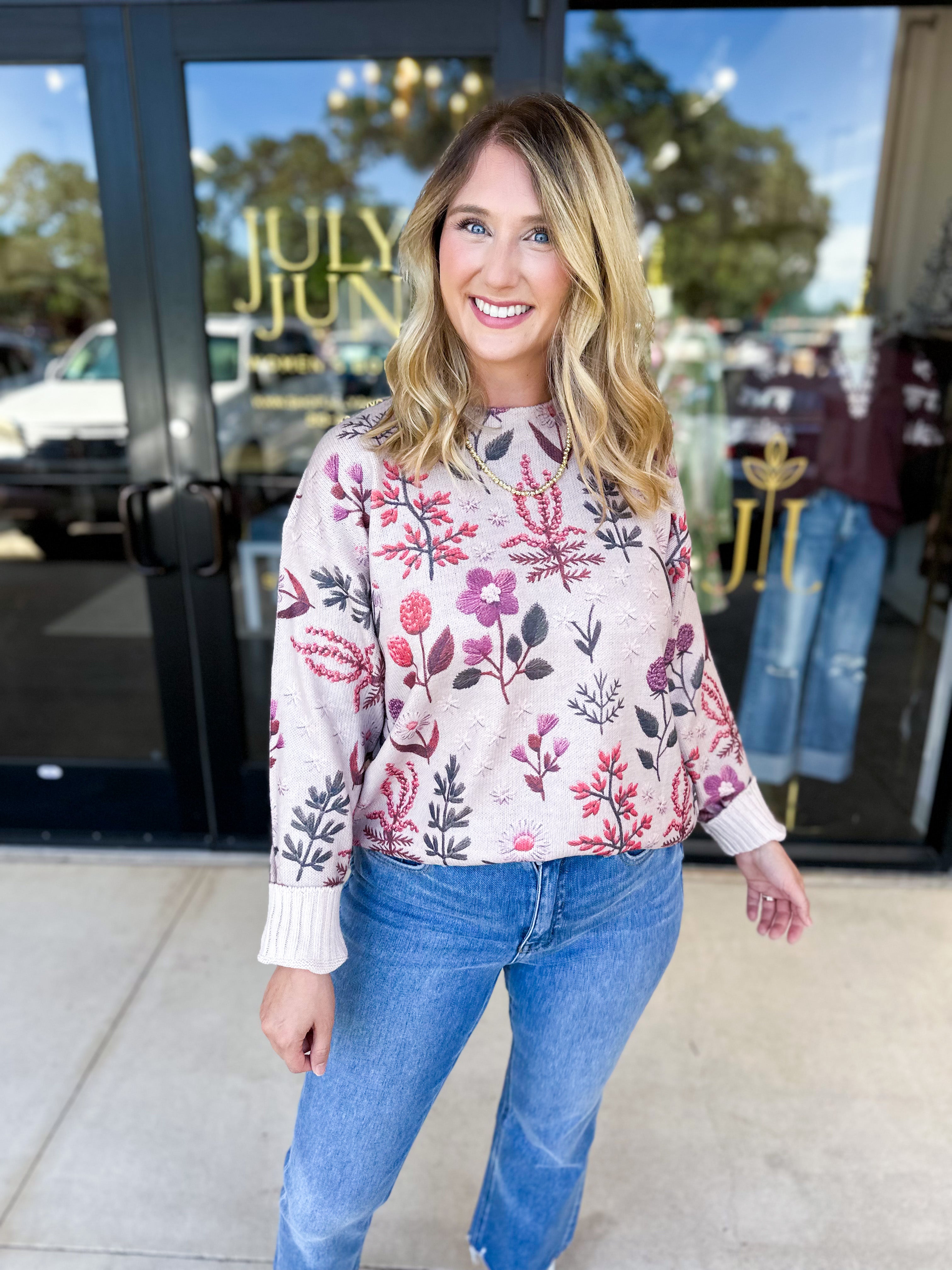 Whimsical Floral Knit Sweater-230 Sweaters/Cardis-ENTRO-July & June Women's Fashion Boutique Located in San Antonio, Texas