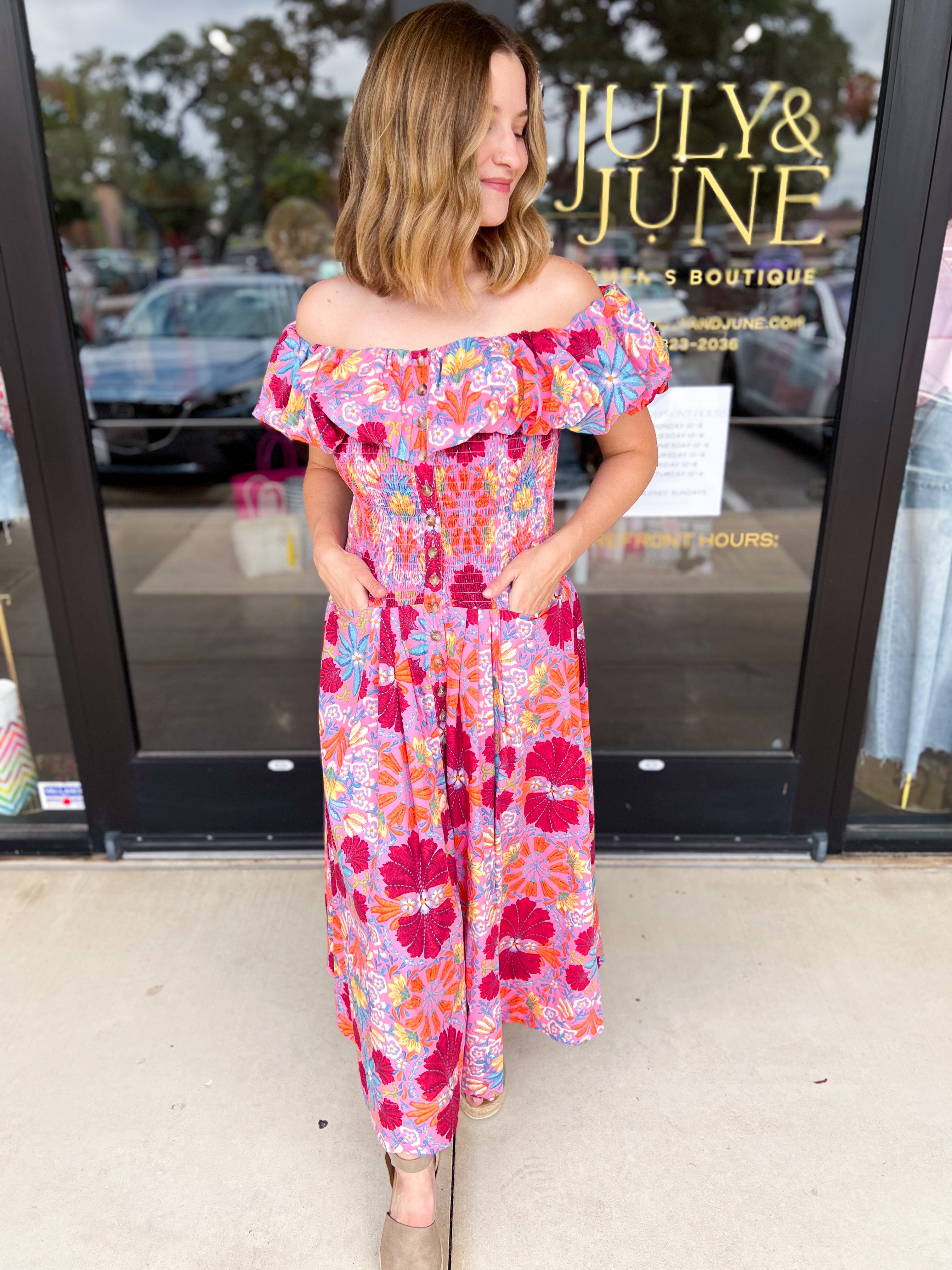 The Callie Floral Off The Shoulder Midi Dress-500 Midi-OLIVACEOUS-July & June Women's Fashion Boutique Located in San Antonio, Texas