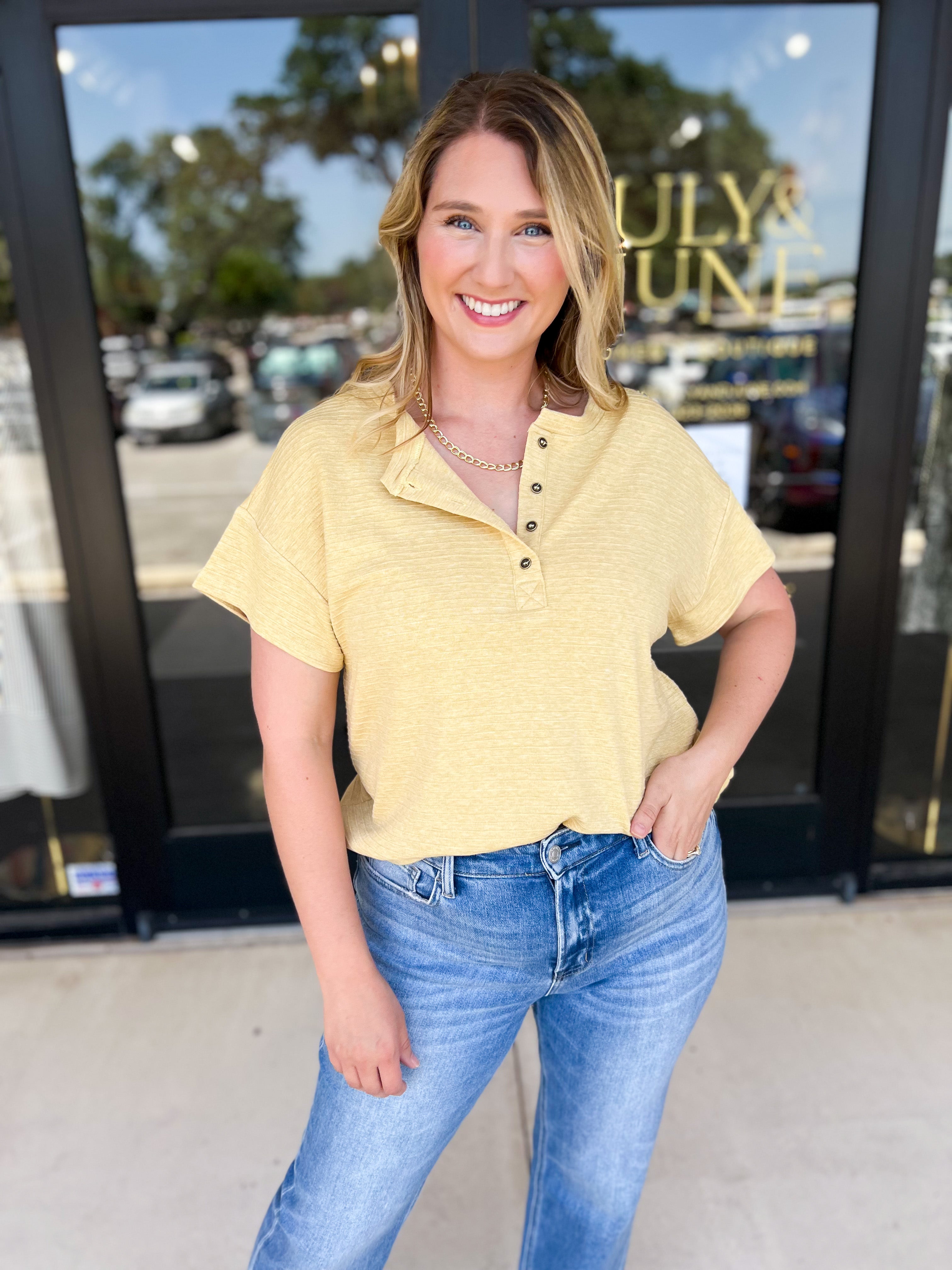 Casual Henley Tees - Butter-210 Casual Blouses-POLOGRAM-July & June Women's Fashion Boutique Located in San Antonio, Texas