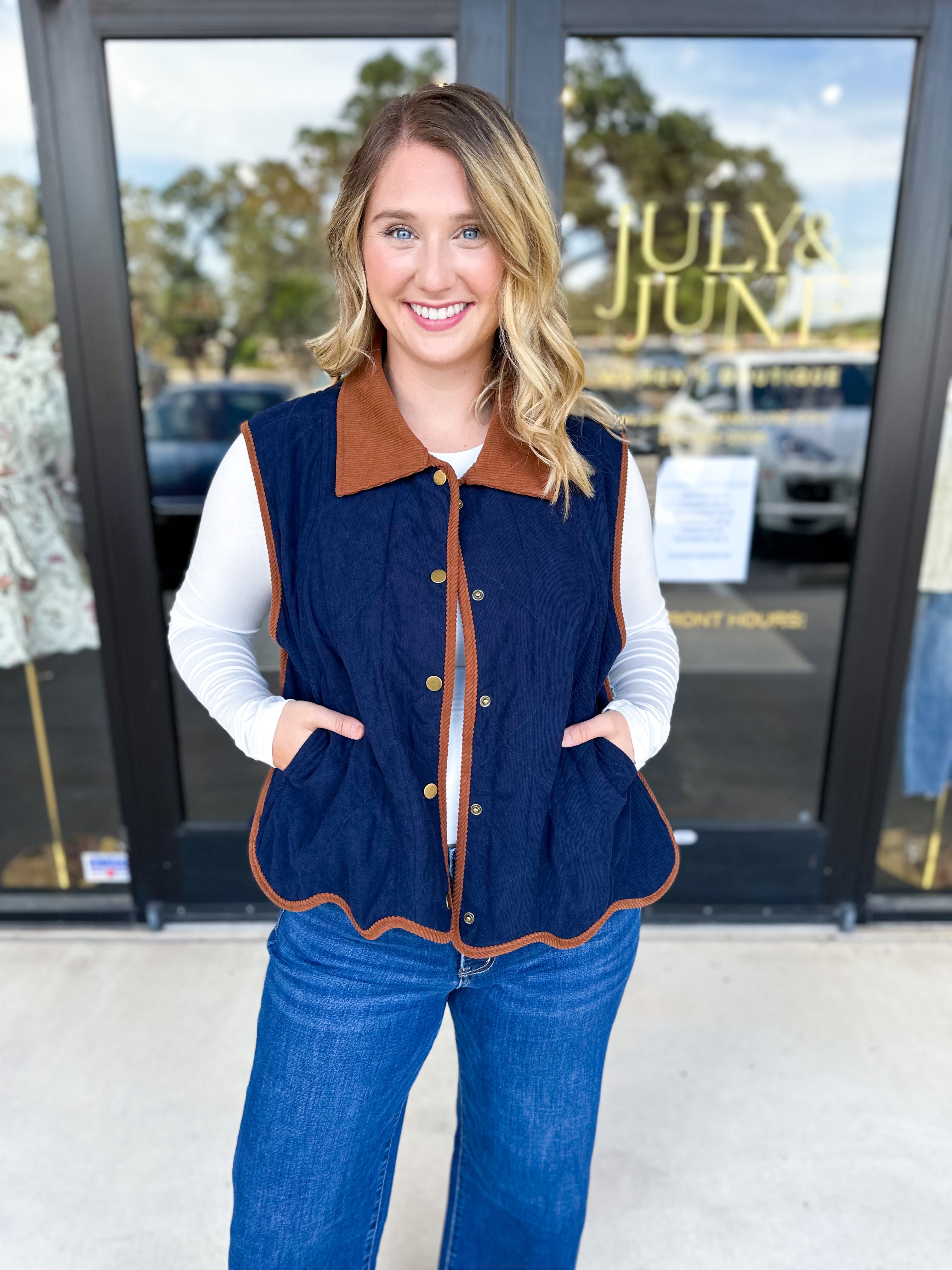 Navy & Suede Vest-600 Outerwear-ENTRO-July & June Women's Fashion Boutique Located in San Antonio, Texas